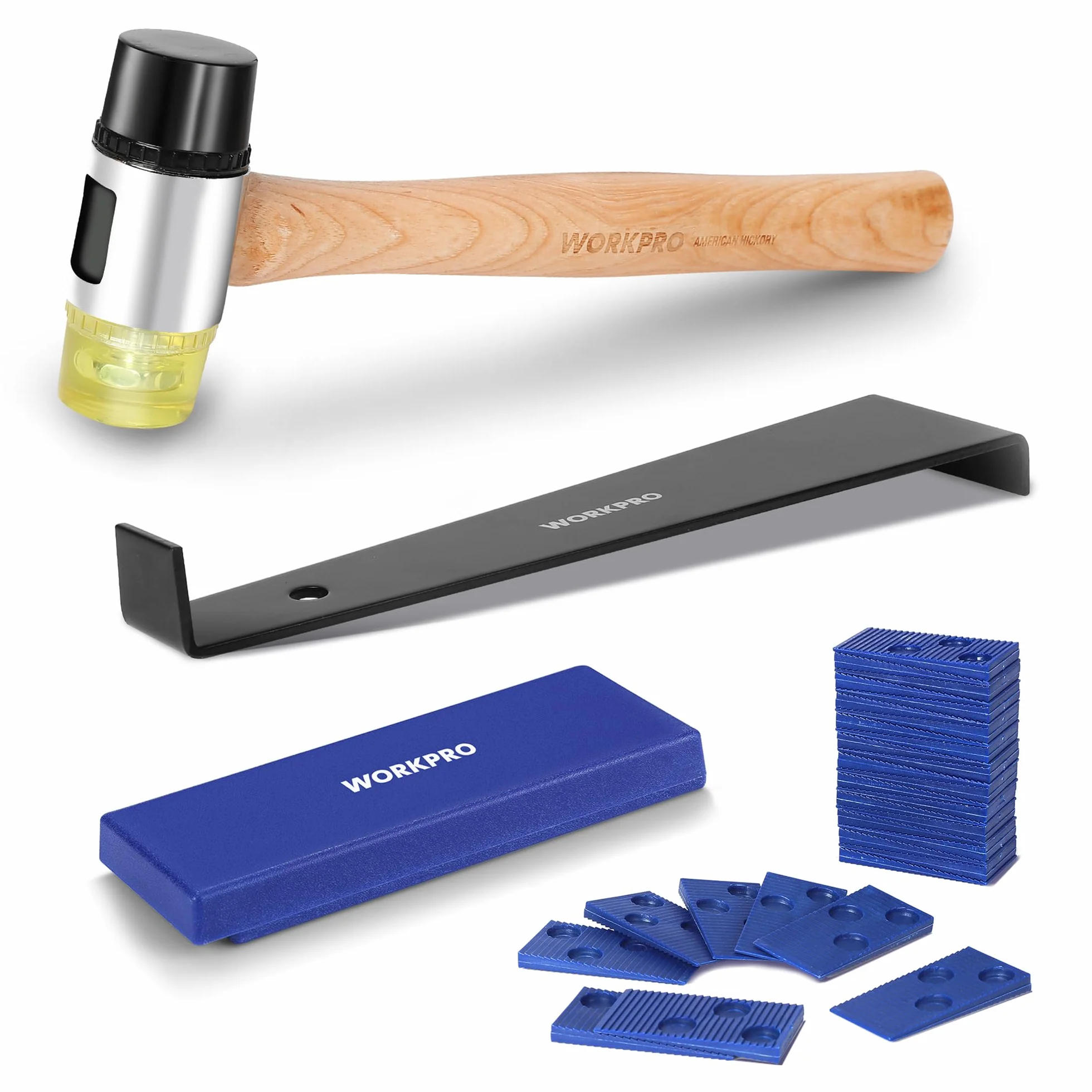 WORKPRO Strumenti per Pavimenti in Laminato, Kit per Pavimenti con 30 Distanziali per Pavimenti in Laminato, Martello a Doppia Faccia, Barra di Trazione, Blocco per Maschiatura