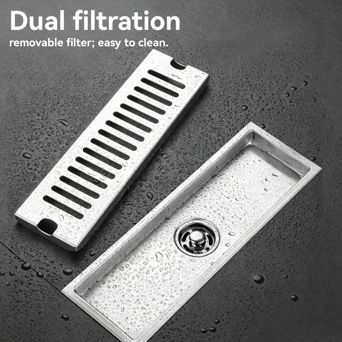 Tissting Scarico Doccia, Scarico a Pavimento Lungo Rettangolare in Acciaio Inossidabile con Filtro Antiodore, 30cm, Acciaio Inox, per Bagno, Cucina, Hotel, Ristorante