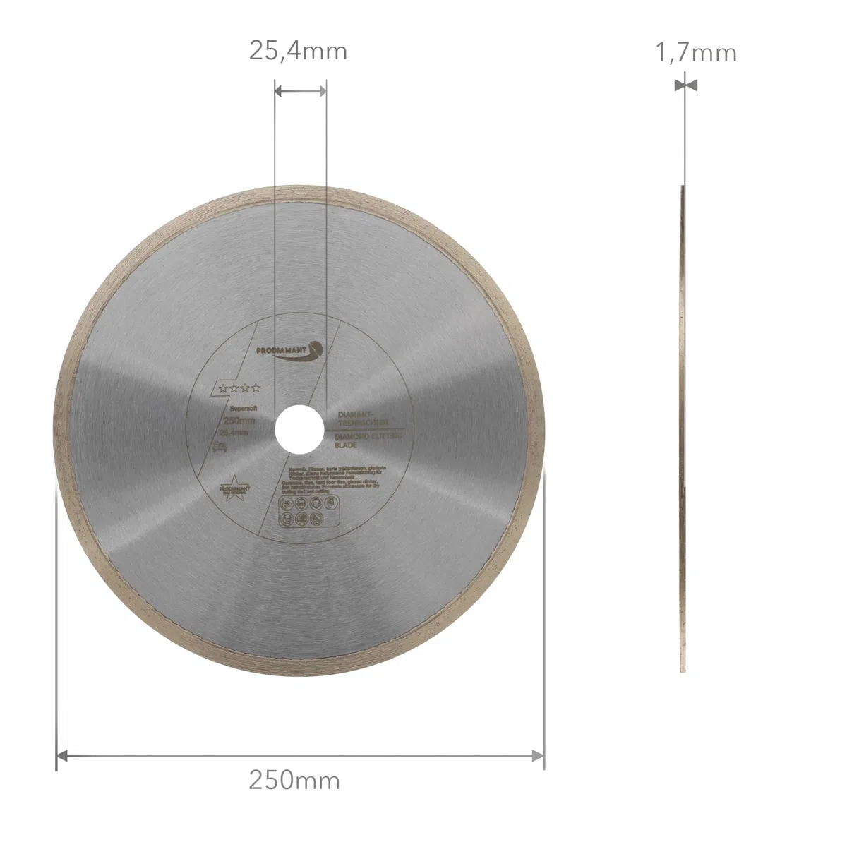 PRODIAMANT Disco per piastrelle Disco da taglio diamantato 250 mm x 25,4 mm Supersoft per frese a umido e macchine da tavolo
