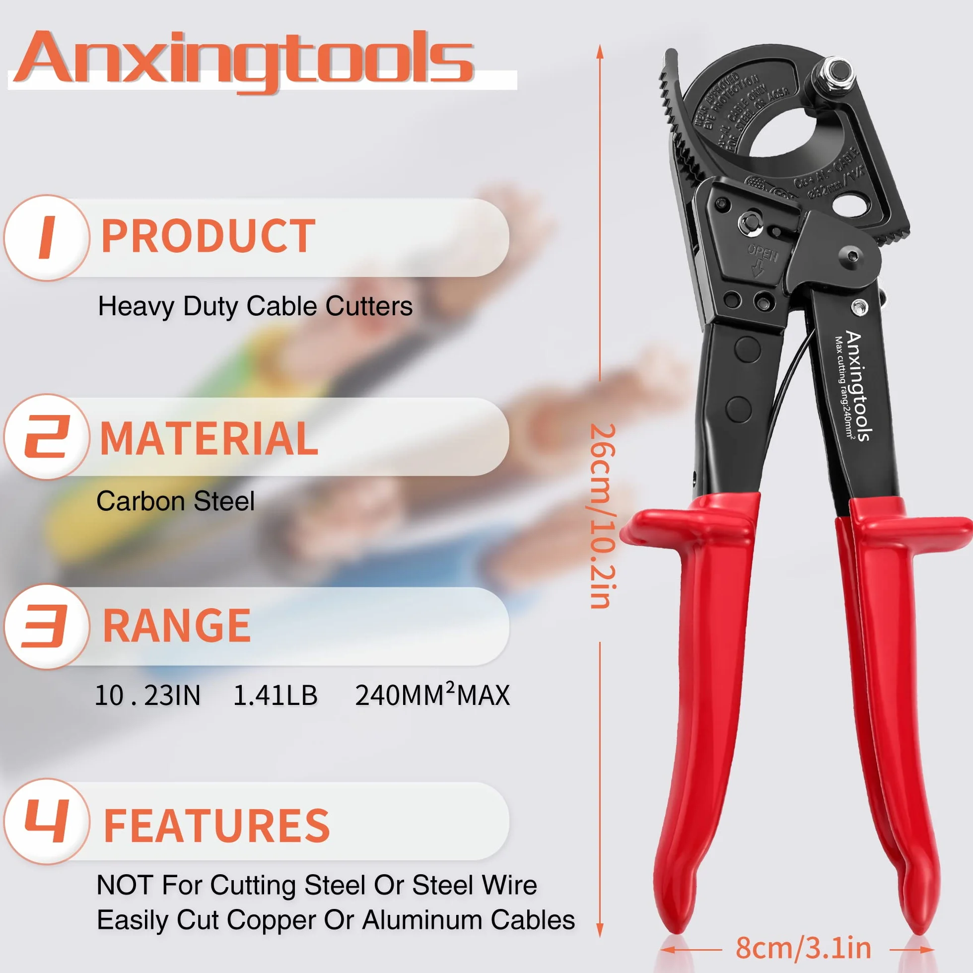 Tagliacavi a cricchetto, Anxingtools HS325 Tagliafili per impieghi gravosi per cavi in rame e alluminio fino a 240 mm², tagliacavi a cricchetto (HS325)