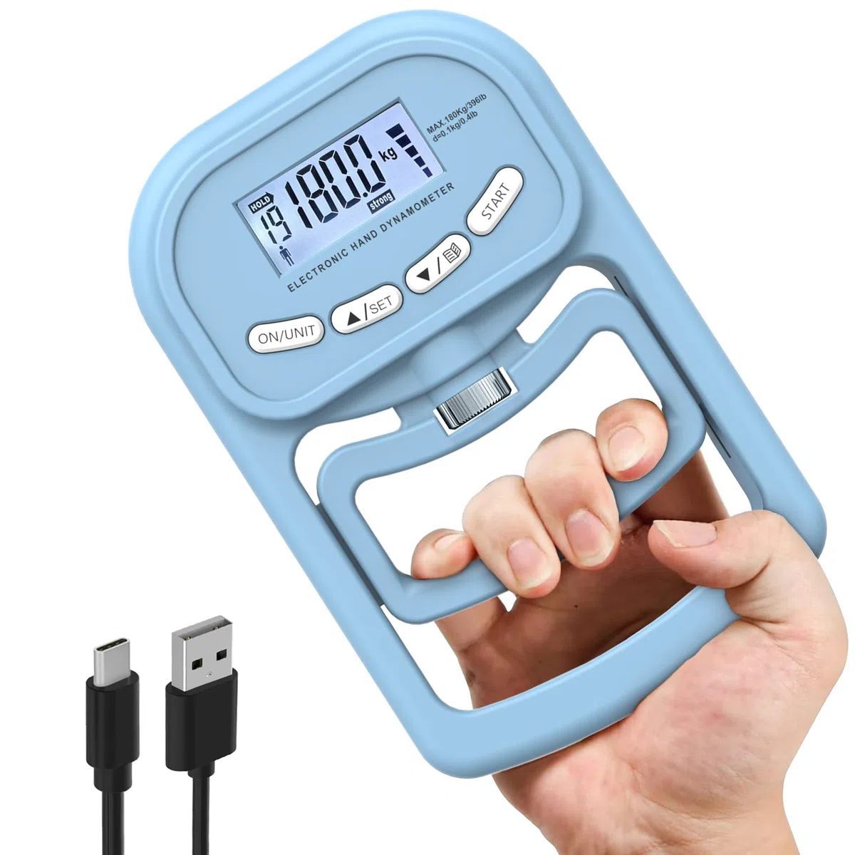 180 kg tester di forza di presa, dinamometro elettronico ricaricabile, tester digitale della forza della presa con display LCD, dinamometro con impugnatura regolabile per esercizi di forza