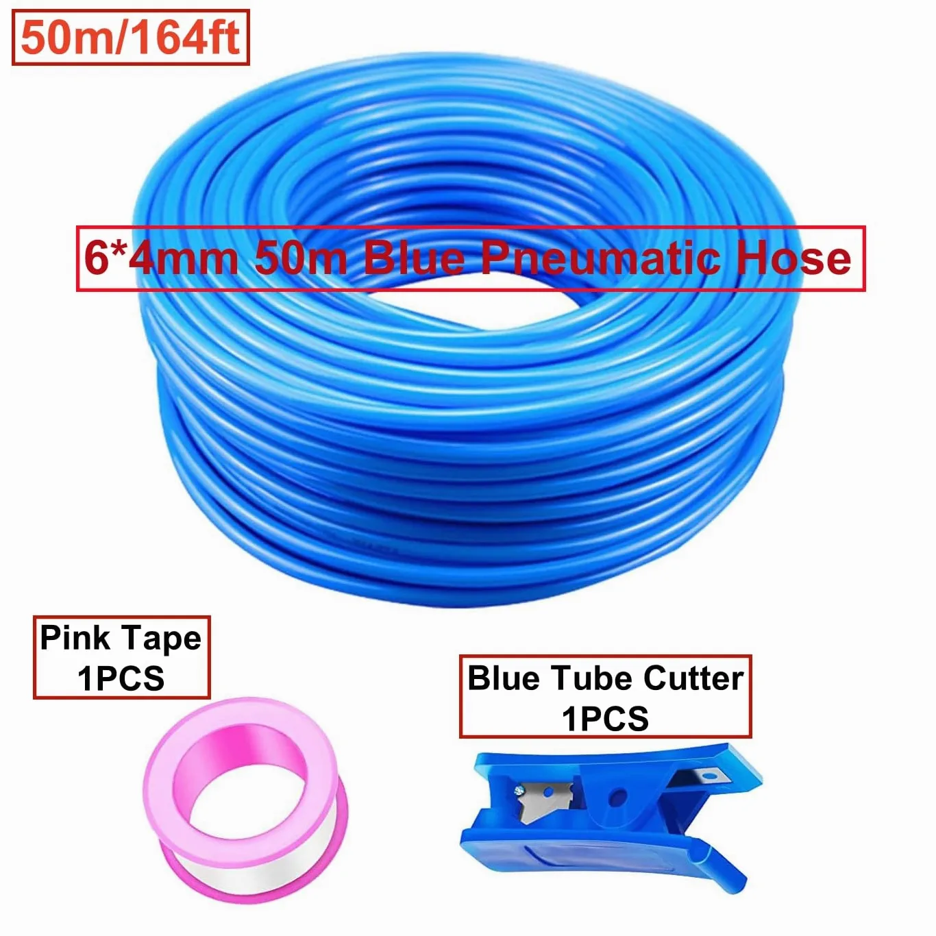 Tubo pneumatico in PU blu HUAZIZ 50 M, tubo pneumatico in poliuretano, tubo flessibile per aria compressa, esterno 6 mm x interno 4 mm + 1 pezzo di tagliatubi blu + 1 pezzo di nastro in teflon rosa