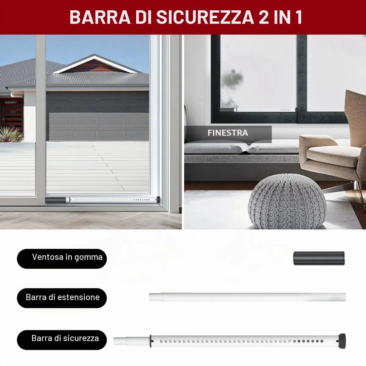Barra di Sicurezza per Porta, Regolabile 85-127cm, Asta Ferma Porta, Barra Sicurezza Porta Scorrevole