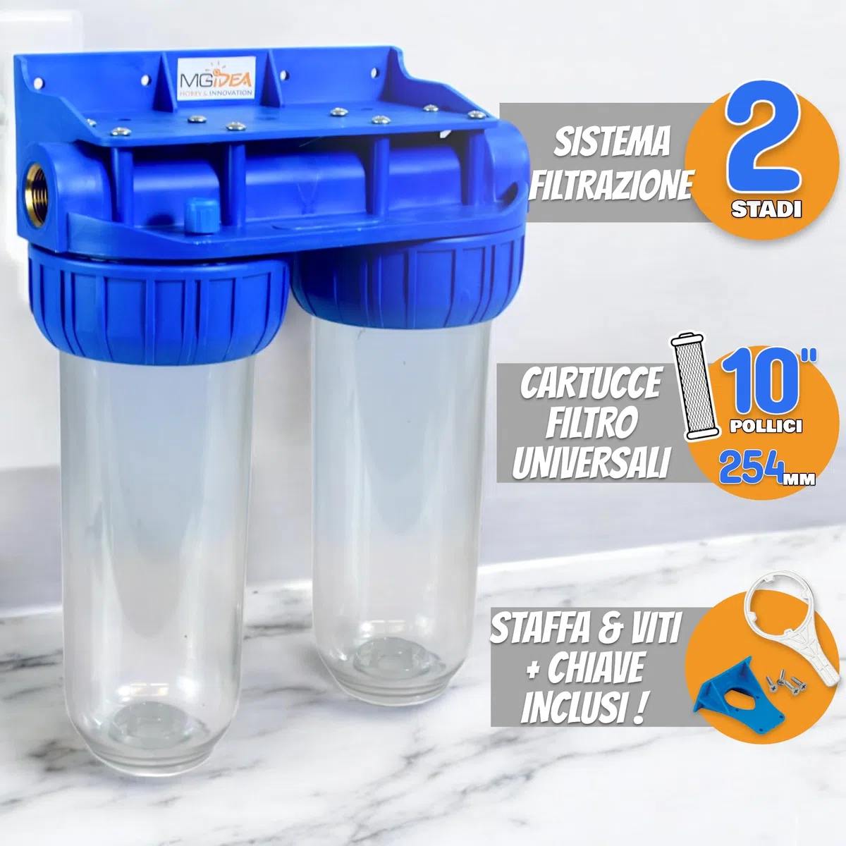 Sistema Porta Filtro per Acqua, Ampolla da 254mm (10"), Trasparente (2^ STADI - 3/4")