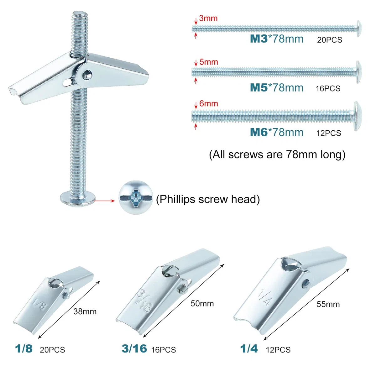 HSEAMALL 48 pz M3 M5 M6 Toggle Bolt e Dado a Farfalla Set per cartongesso Parete Cava Fissaggi Drywall Hanging