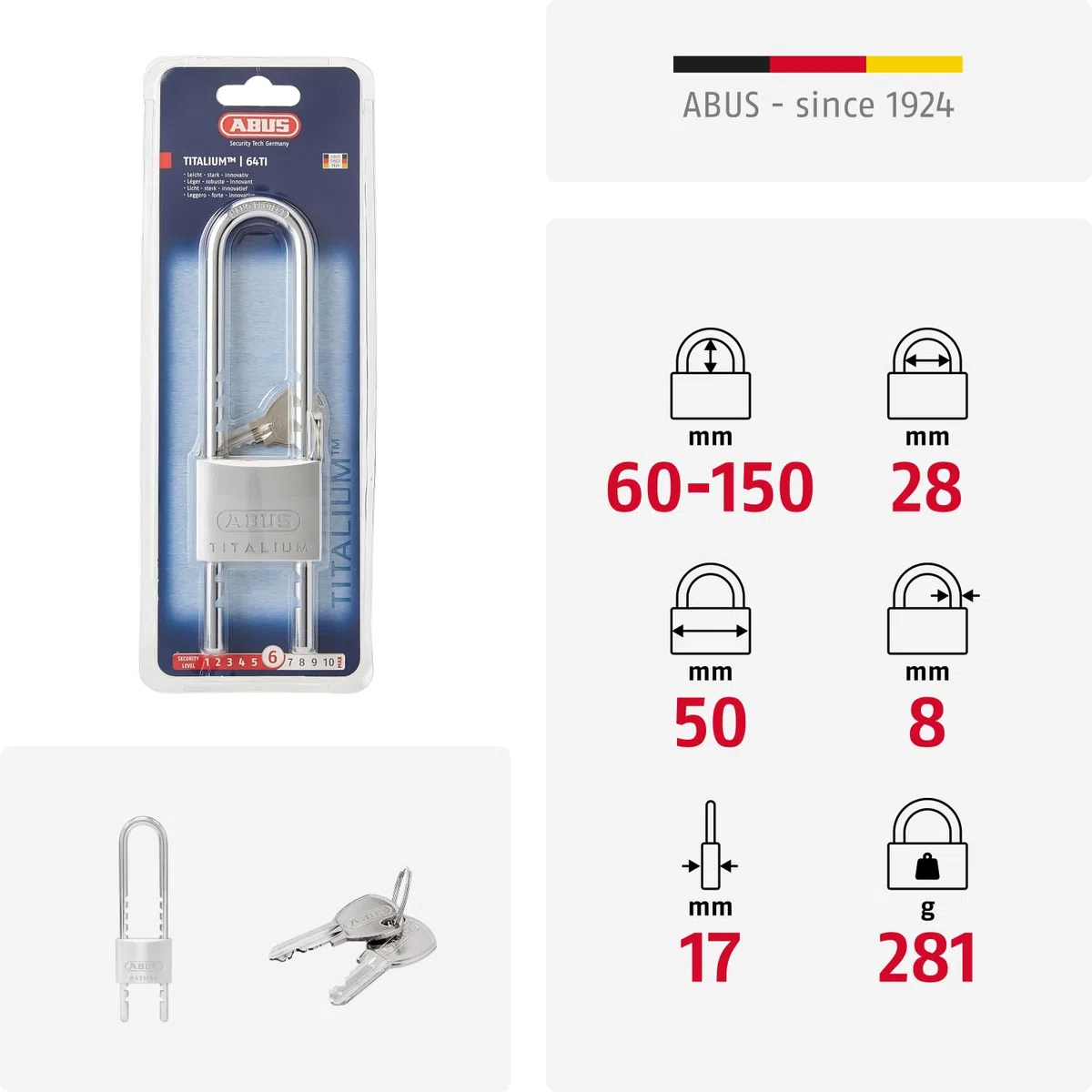 ABUS Lucchetto Titalium 64TI/50HB60-150 con Gancio Alto ed Estraibile - Lucchetto per Cantina con Corpo in Alluminio Speciale - Gancio in Acciaio Temprato - Livello di Sicurezza ABUS 6