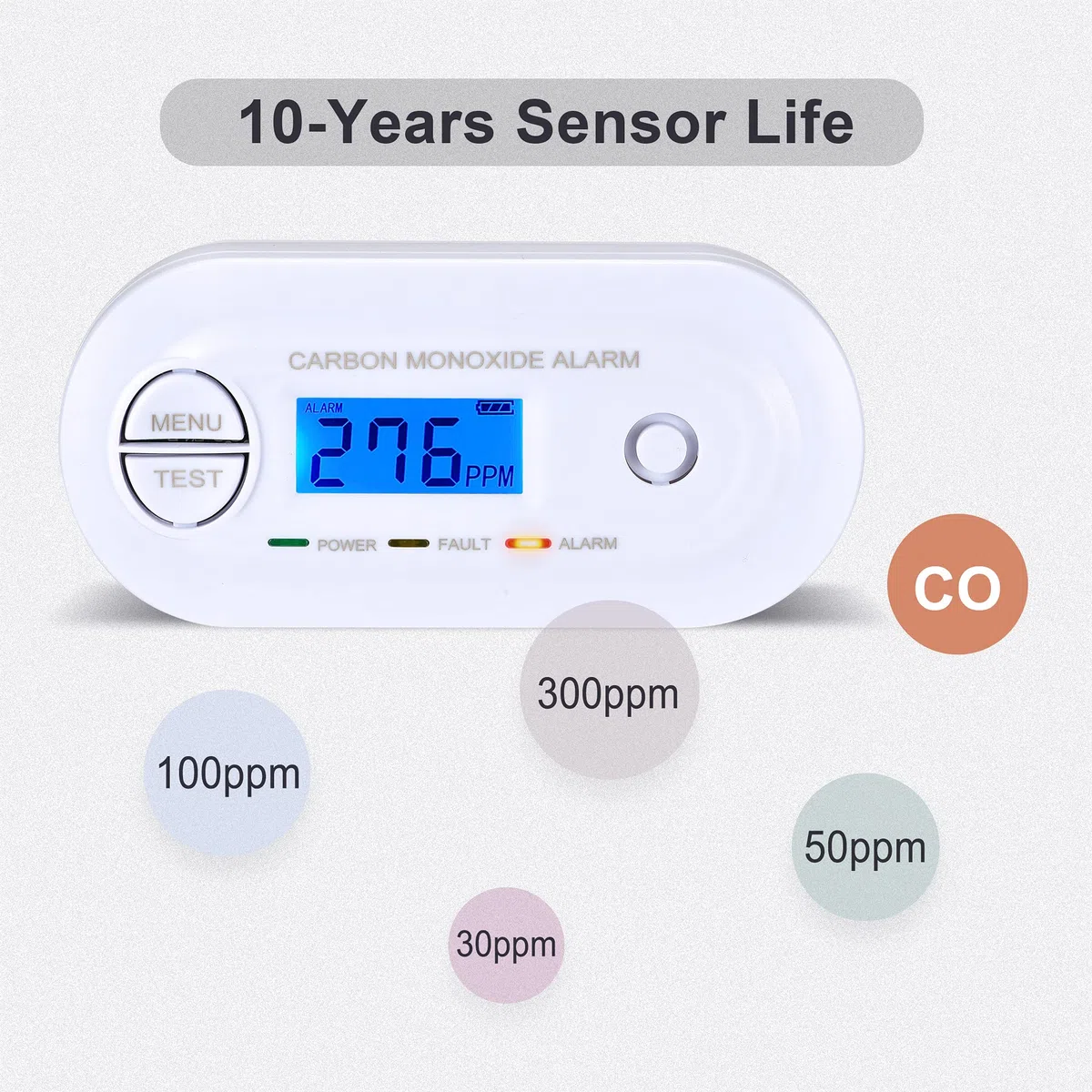 Rilevatore di monossido di carbonio EN 50291, Rilevatore di allarme CO con display digitale, alimentato a batteria, sensore da 10 anni