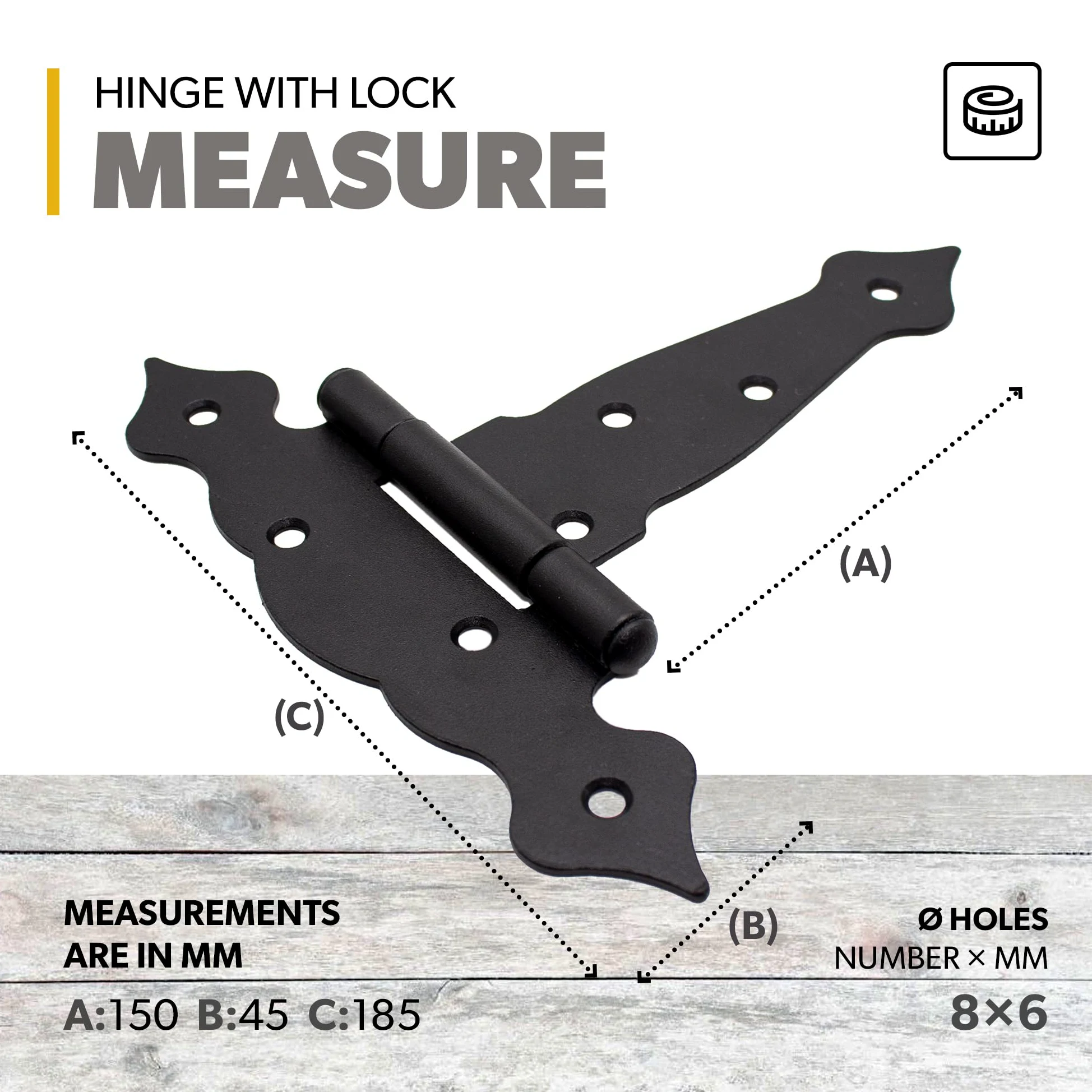 DOJA Barcelona | Set Cerniere Ferro Battuto e Chiusura | Cerniera a T 150x45x185x2,5mm | Serratura 48x38x58mm | Acciaio Zincato Nero | Set Cerniera Ferro Battuto Porte Legno per Interni ed Esterni