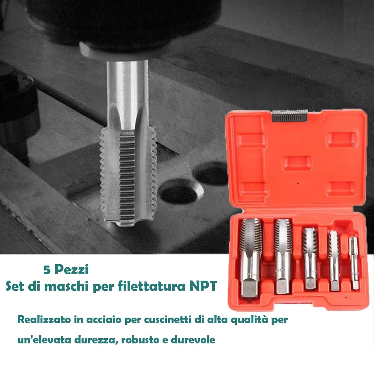 Set di Maschi a Tubo NPT 5 pezzi, 1/8", 1/4", 3/8", 1/2" e 3/4" NPT Rubinetto Filettato per Filettare, Kit Filettatura per Pulire o Rifilare Filettature di Tubi Danneggiate o Inceppate