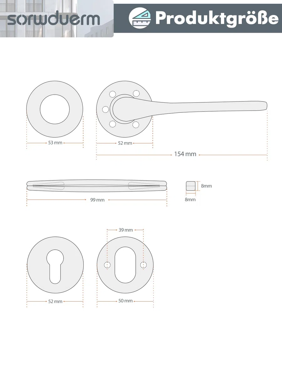 Maniglia per porta in acciaio inox spazzolato opaco dorato, set maniglia per porta anteriore e porta interna, forma L, profilo PZ, cilindro, rosetta tonda
