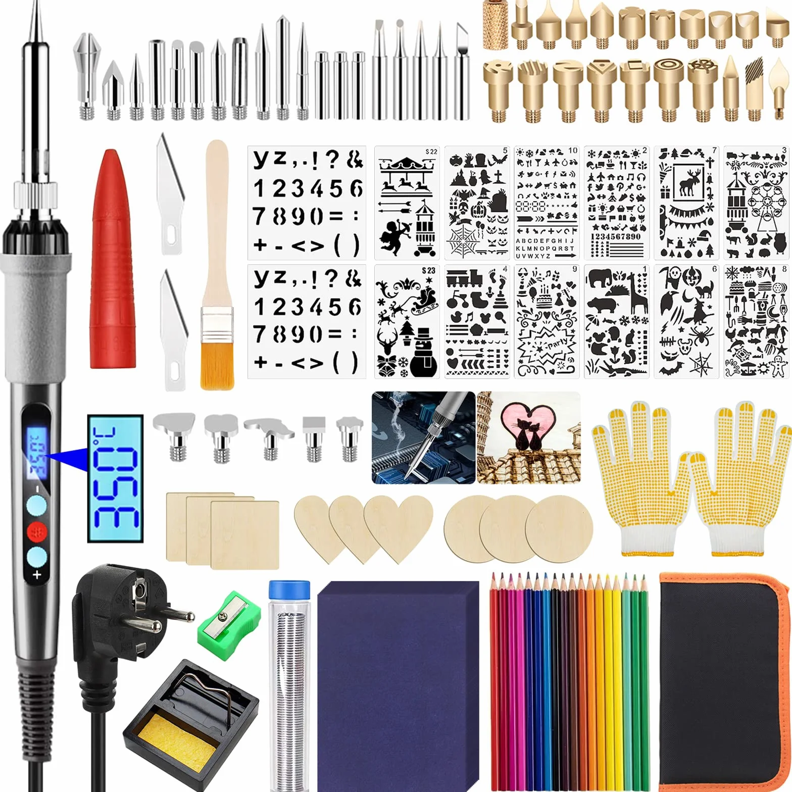 80W Kit Pirografia Legno, 108pcs Attrezzi Incisione Professionale per Cuoio, Saldatore con Temperatura Regolabile con ℉/℃ Interruttore, per Intaglio/Saldatura/Goffrare/Arte DIY