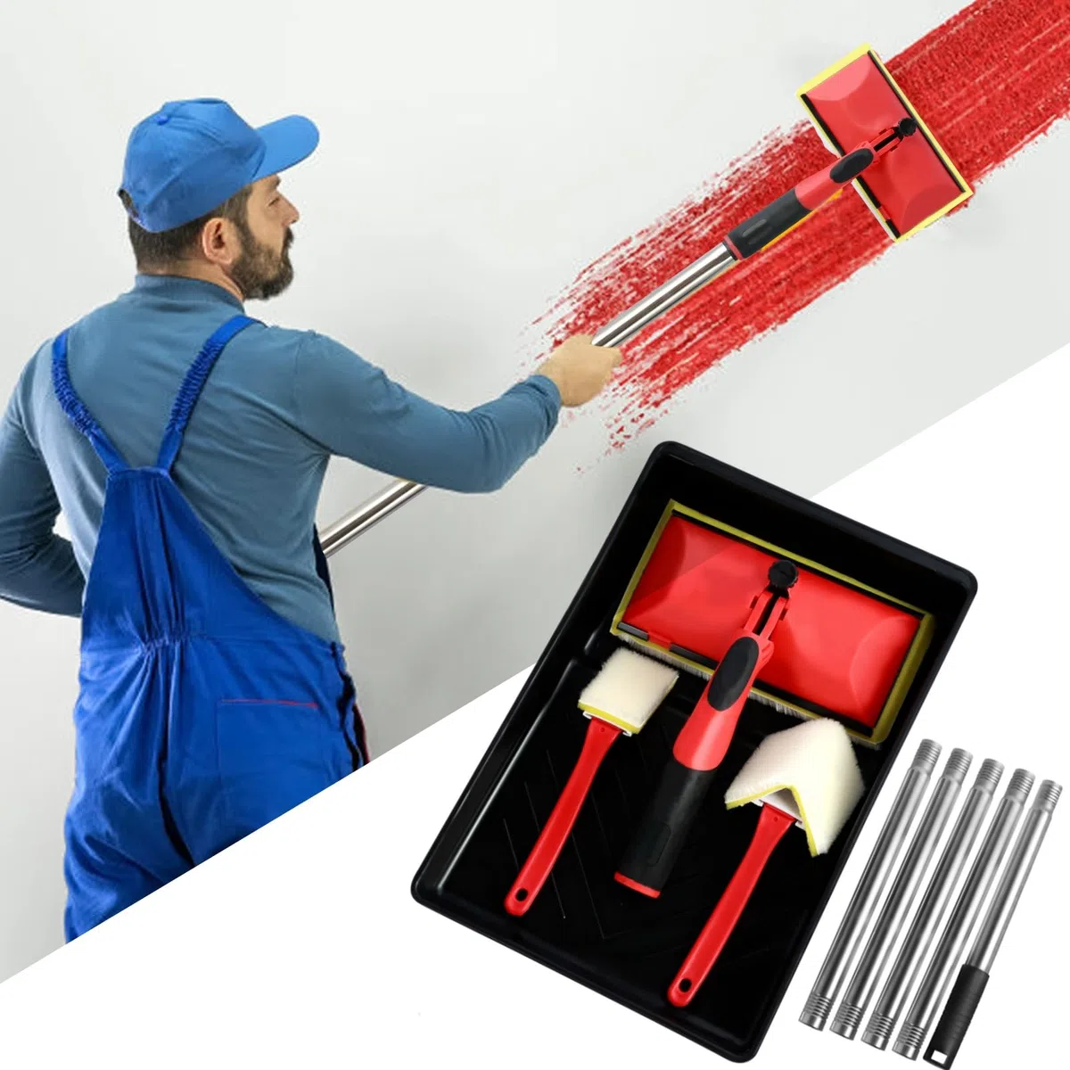 Set di tamponi da pittura da 18 cm, per pareti e soffitti, tamponi piatti per decorare con asta di estensione da 124 cm e vassoio per vernice, strumento per bordatura vernice, applicatore tampone per