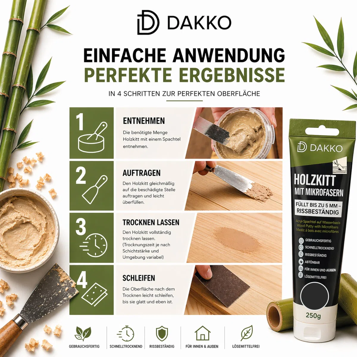 DAKKO Stucco per Legno Riempitivo 1 kg, Nero - Stucco in Pasta con Microfibre di Bambù, Pronto all’Uso per Mobili, Porte, Fori e Crepe, Interni ed Esterni, Resistente alle Crepe