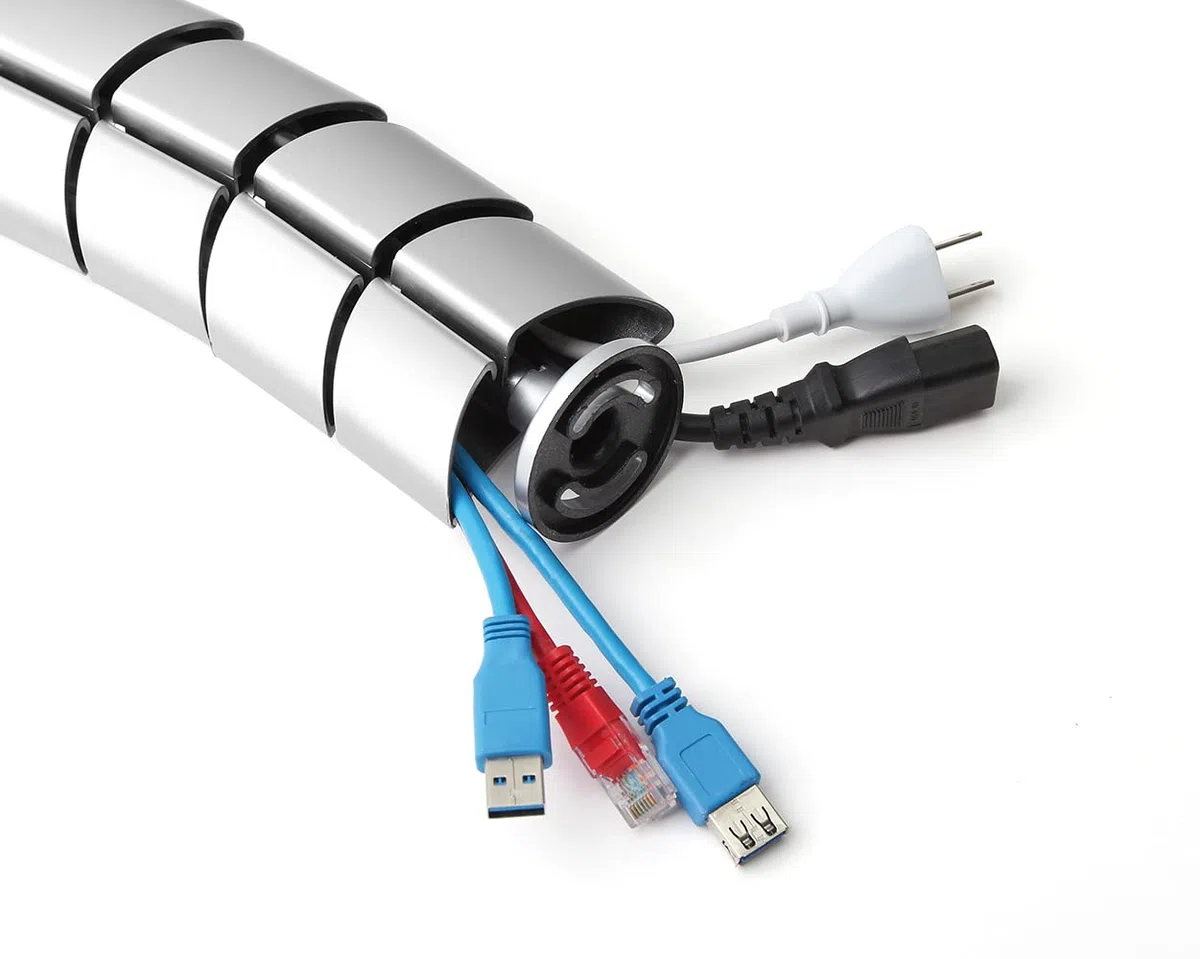 mywall Passacavi HZ44SL con lunghezza fino a 730 mm, gestione cavi per scrivanie con fissaggio a vite, canalina per cavi circolare, sistema a 2 canali con struttura a vortice modulare