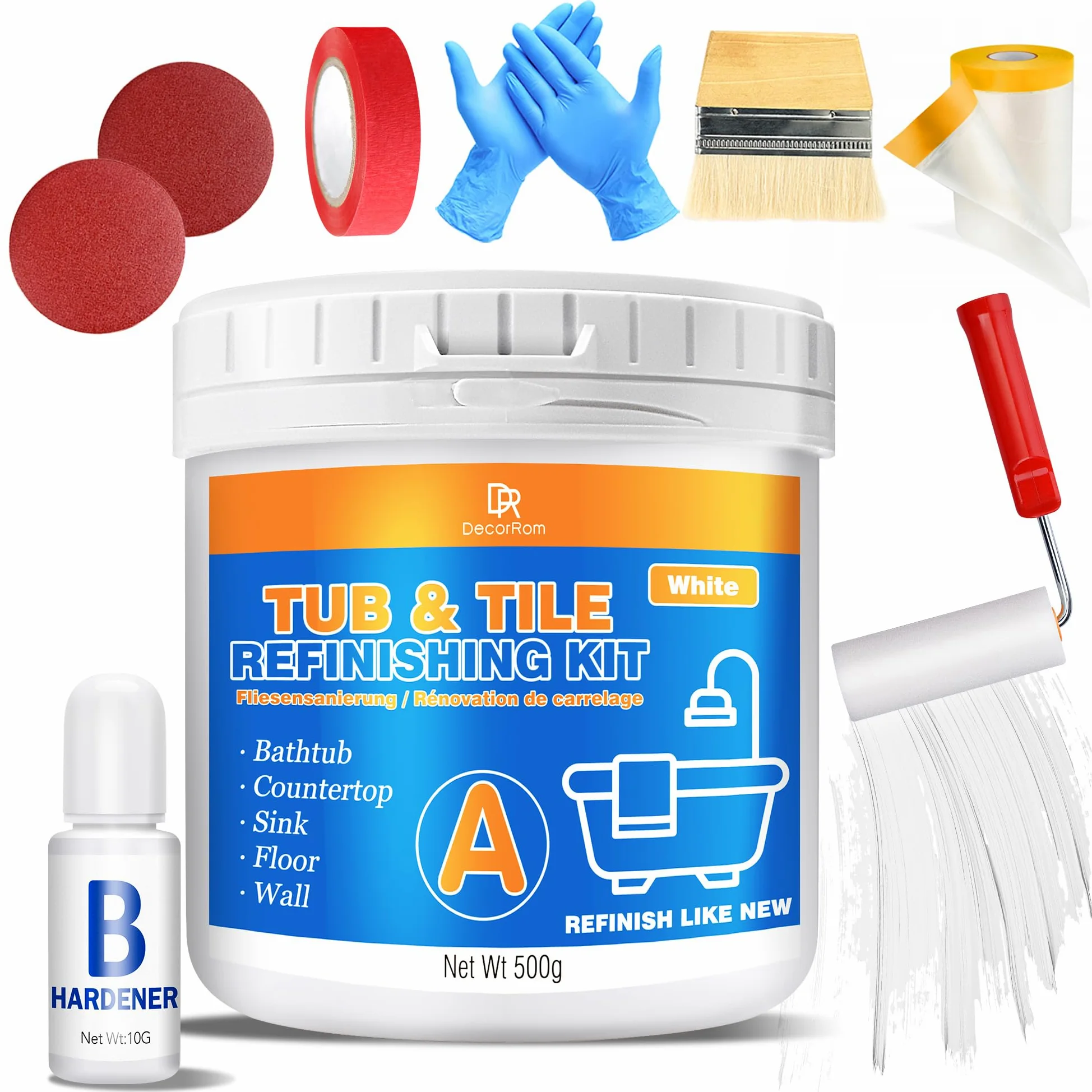 DecorRom Vernice per Vasca da Bagno Bianca 500g, Vernice per Piastrelle, Kit per Rinnovamento Vasca da Bagno e Lavandini, Resistente all'Acqua e Antigraffio con Attrezzi