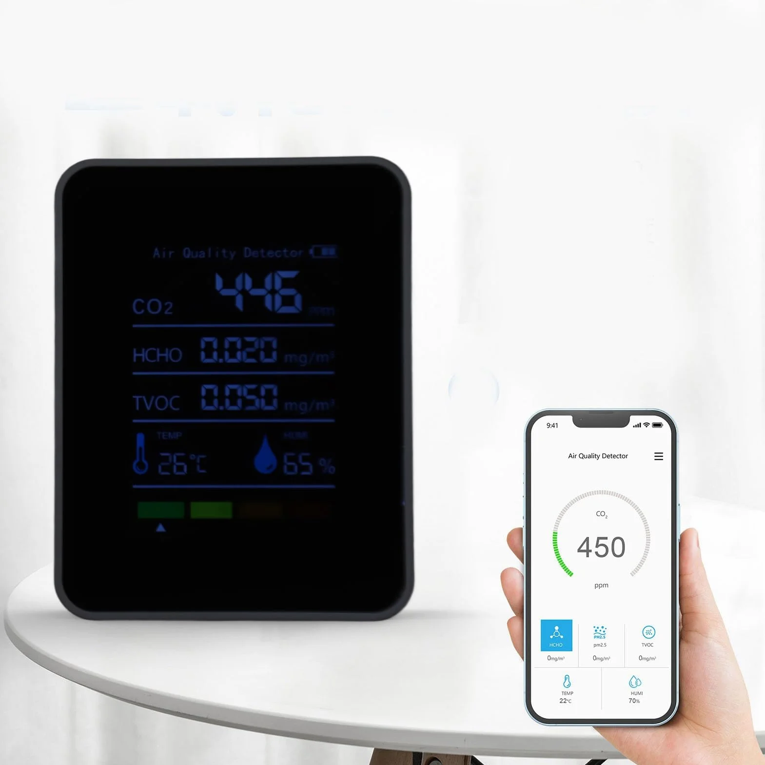 Rilevatore di CO2 Monitor Qualità Aria Interna 5 in 1 con HCHO TVOC Temperatura Umidità Alimentazione a Batteria per Casa e Auto