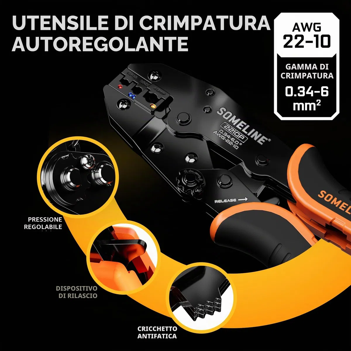 SOMELINE Pinze Crimpatrici per Connettori Elettrici Isolati per 0,34-6 mm² Attrezzo Crimpare, Capicorda Elettrici a Crimpare, Pinza Capicorda, Pinza per Capicorda, Strumento Crimpatura Capicorda