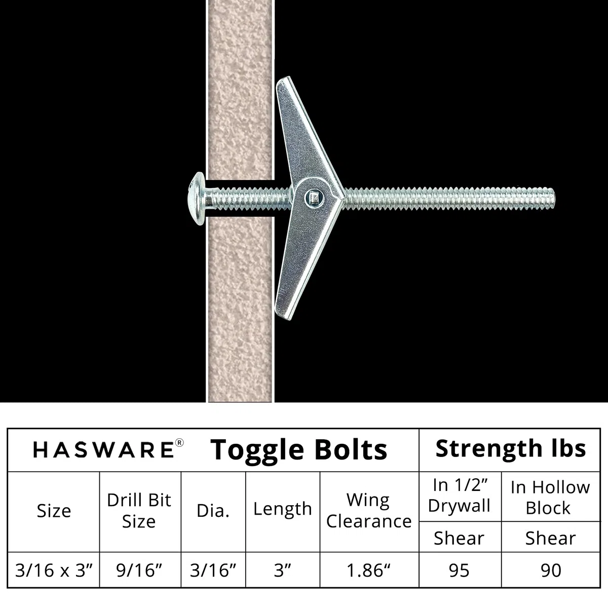 HASWARE Bullone a levetta in acciaio zincato e dado ad alette per appendere oggetti pesanti al muro a secco (3/16" x 3", 12 pz.)