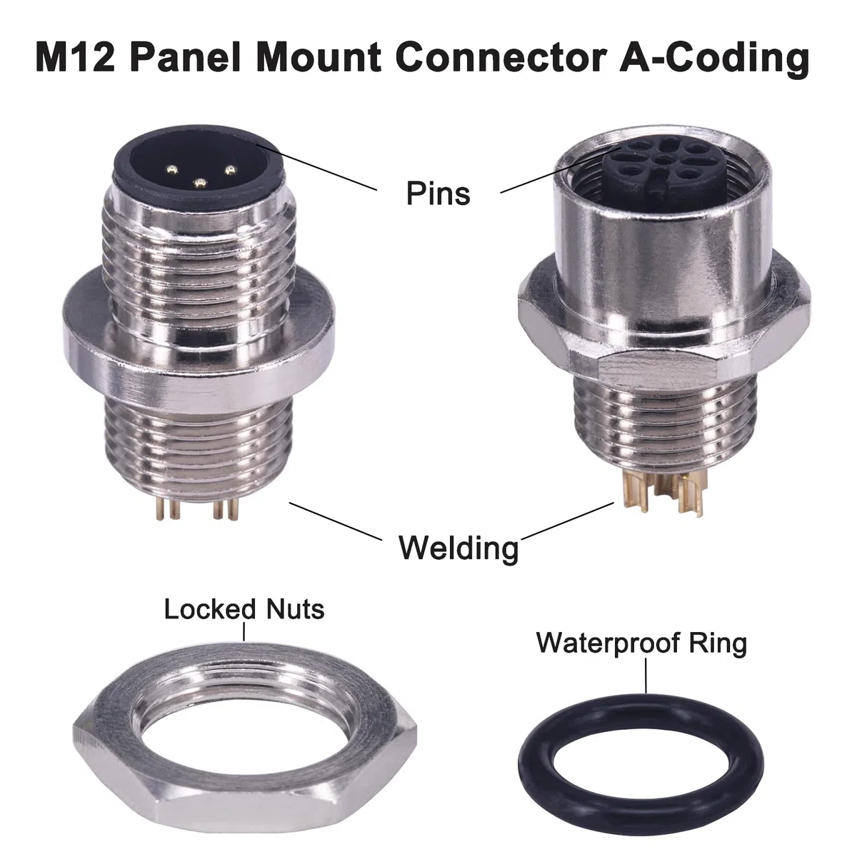 M12 5 poli Maschio + Femmina Connettore Sensore Maschio, Spina Filettata, Presa a Flangia Rotonda Industriale Aerospaziale, Spina in Metallo, Impermeabile IP67, 2 pezzi