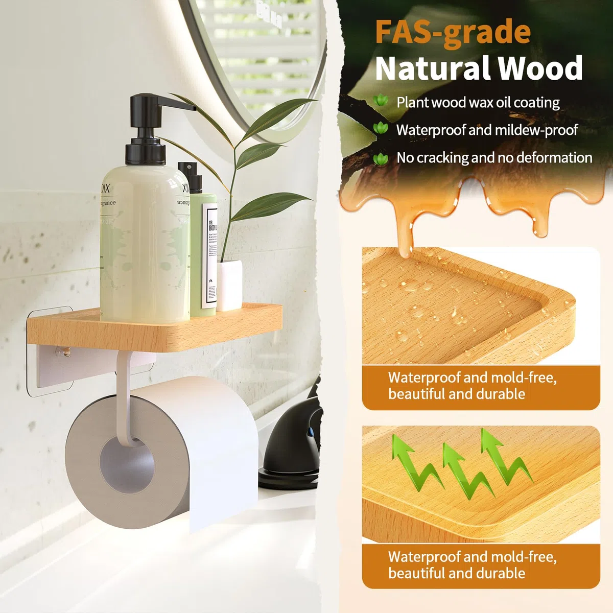 AIKER Porta Carta Igienica,Porta Carta Igienica Adesivo In Legno Di Faggio Naturale Di Buona Qualità Senza Foratura,20 Cm Porta Carta Igienica Da Muro Squisito In Legno Massello Europeo-Cucina/Bagno
