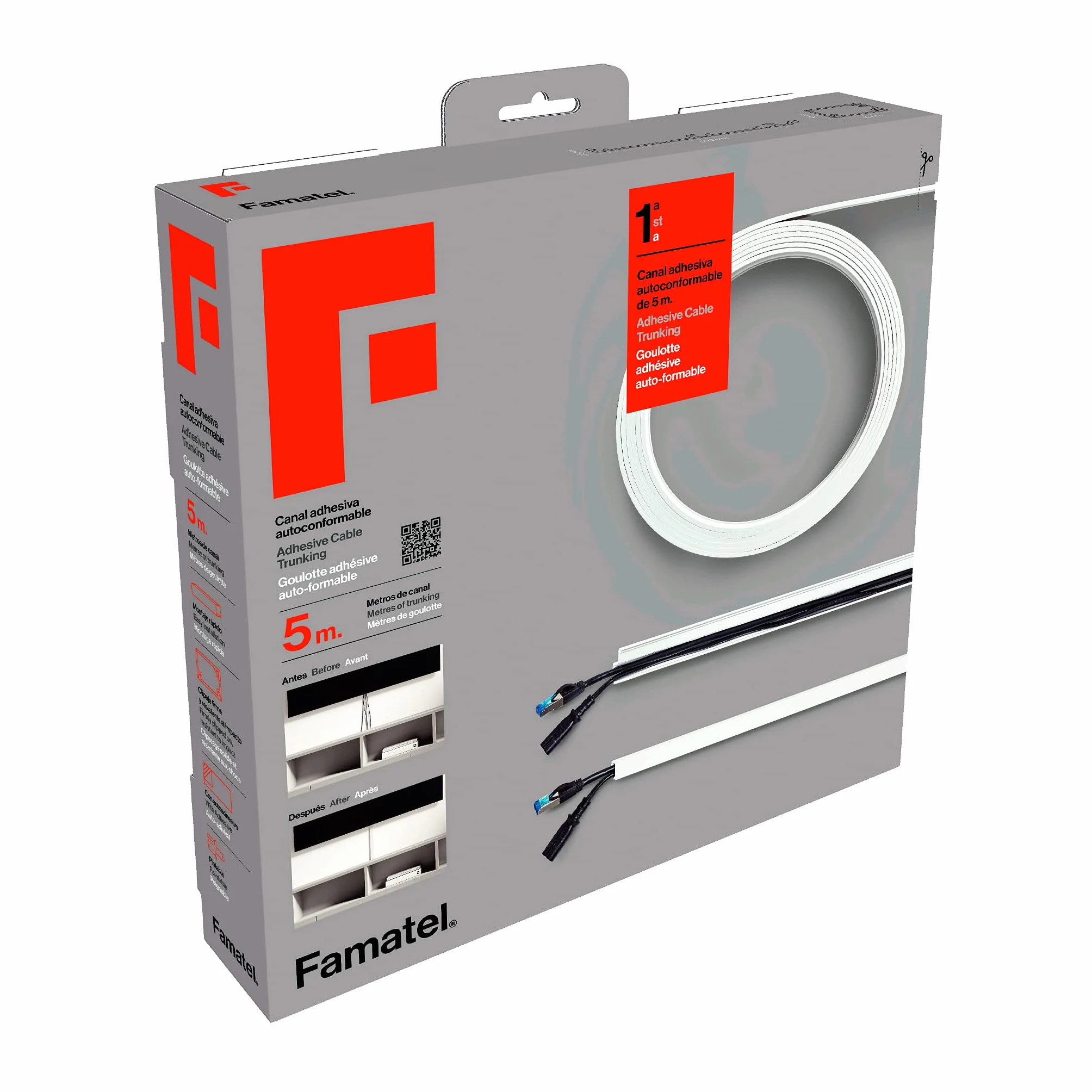 FAMATEL - Canalina adesiva | 5 metri | 10 x 16 mm | NUOVO - Formato arrotolabile | Rettangolare | Facile montaggio con autoadesivo | Canalina per cavi | Bianco