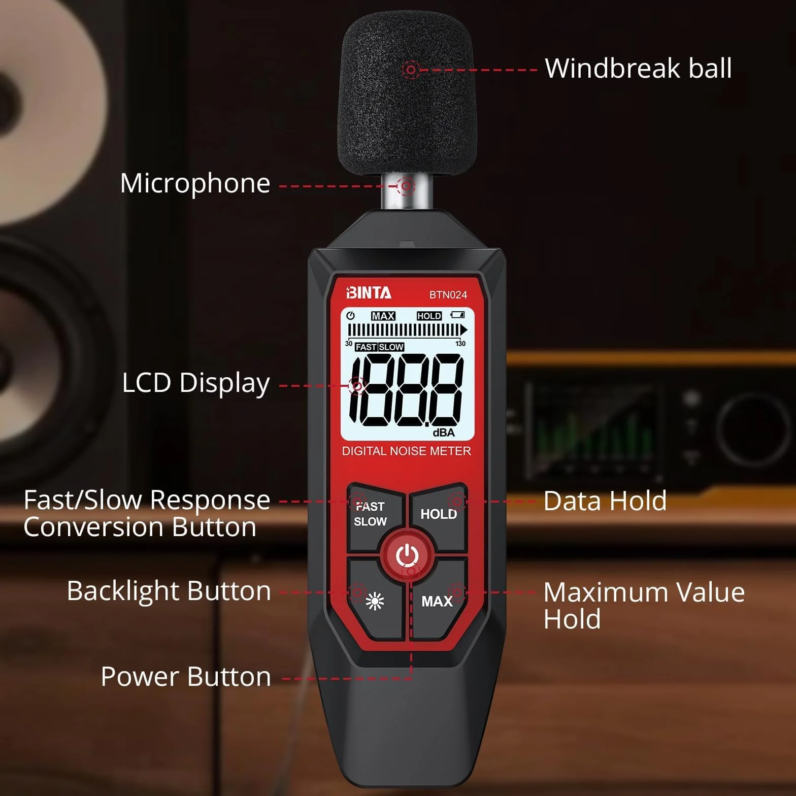 BINTA Fonometro, Misuratore di Rumore 30-130dB ±1.5dB, Retroilluminazione Bianca, Risposta Veloce/Lenta, MAX/MIN per Casa/Fabbrica/Edilizia/Trasporti