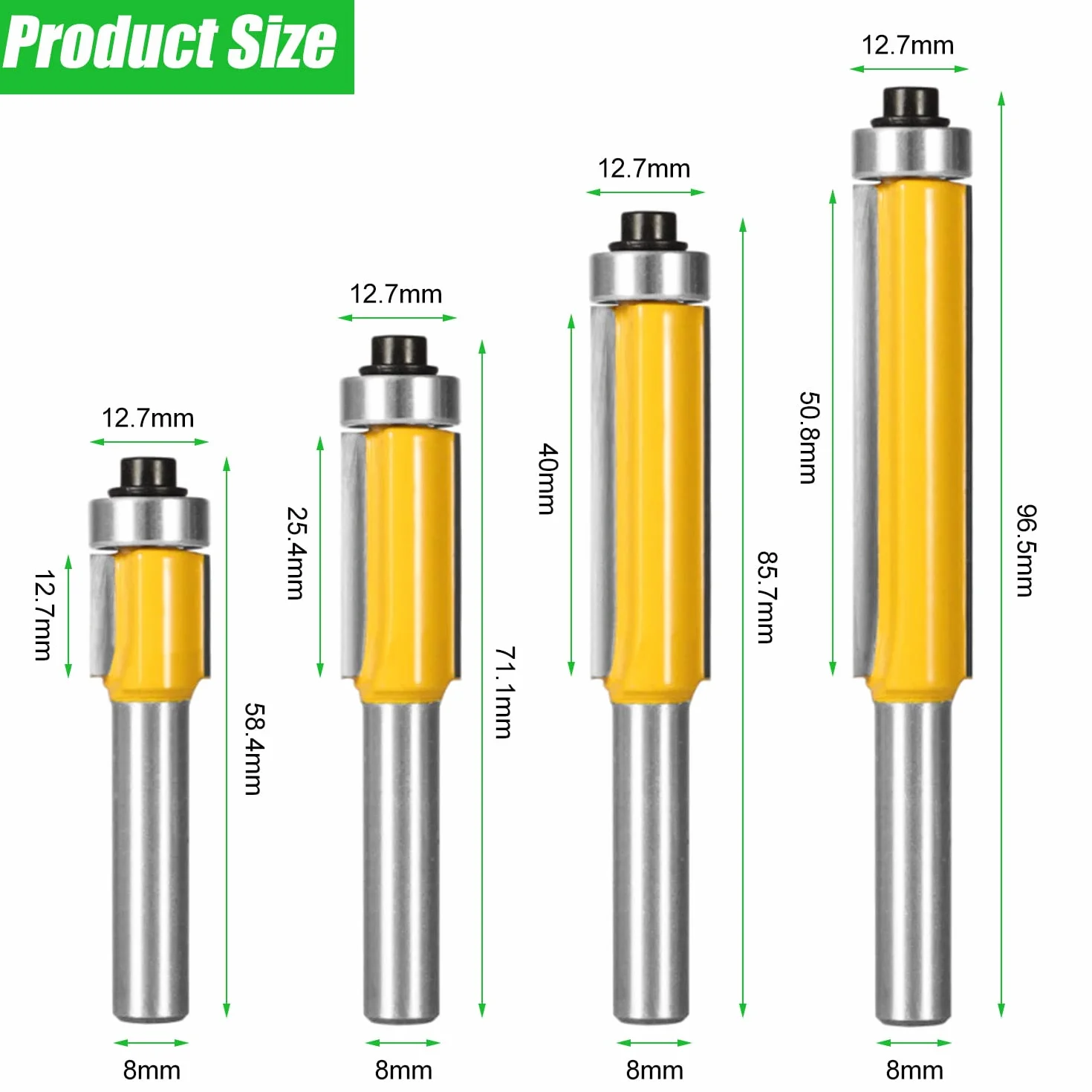 4 Pezzi 8 mm Gambo Frese per Legno Kit, Fresa per Taglienti Diritti con Cuscinetto, Fresa di Lama Extra Lunga, Strumento di Rifilare per La Lavorazione del Legno (4)