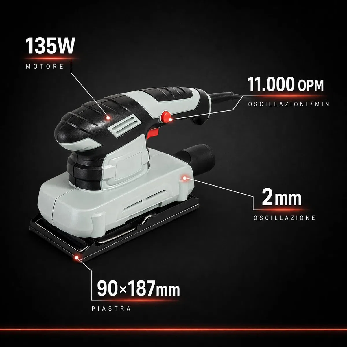 KOMBO - Levigatrice Orbitale 135W – 11.000 Giri/min, Piastra 90x187 mm, Oscillazione 2 mm, Flusso Continuo – Inclusi Foglio Abrasivo e Adattatore per Aspirapolvere