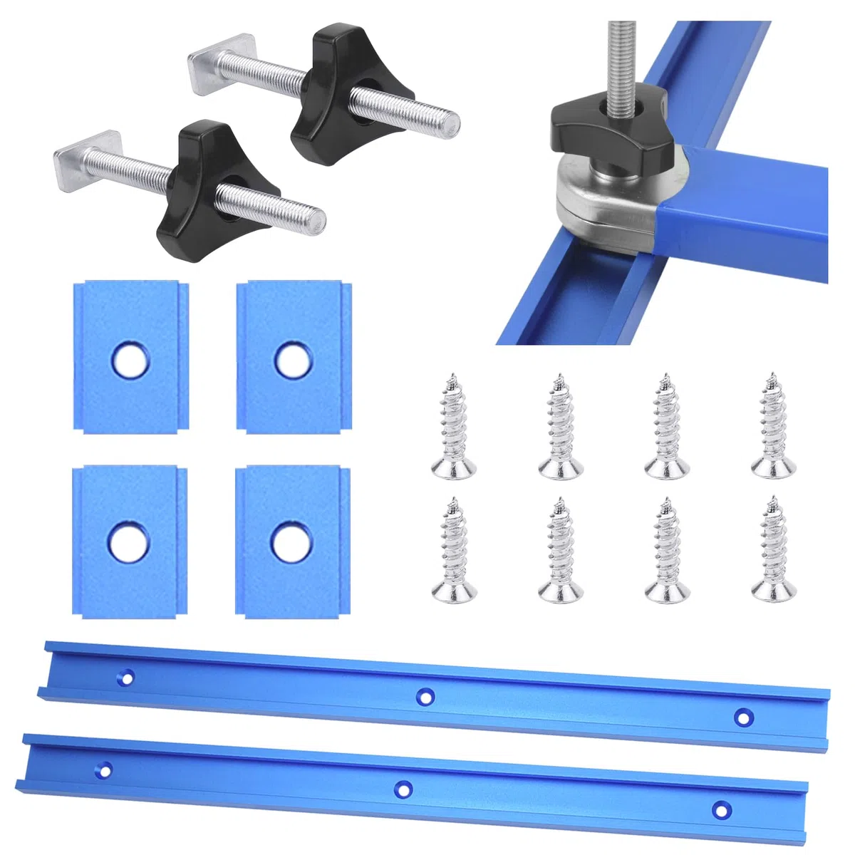 BIGP 2 guide a T M8 400 mm, in lega di alluminio T-Track T, guida di montaggio, con cursore M8/M6, manico in plastica M8, 8 viti autofilettanti (blu)