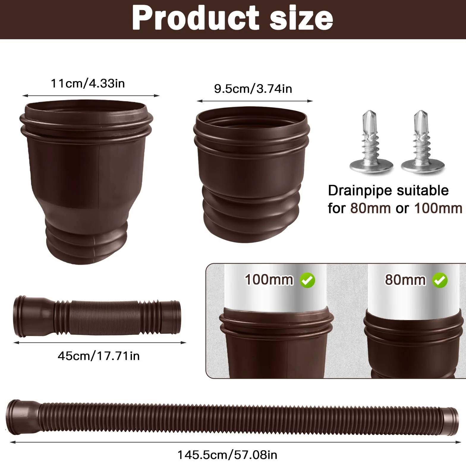 1 prolunga flessibile per tubo di scarico 80/100 mm, allungabile da 47 a 150 cm, grondaie (marrone)
