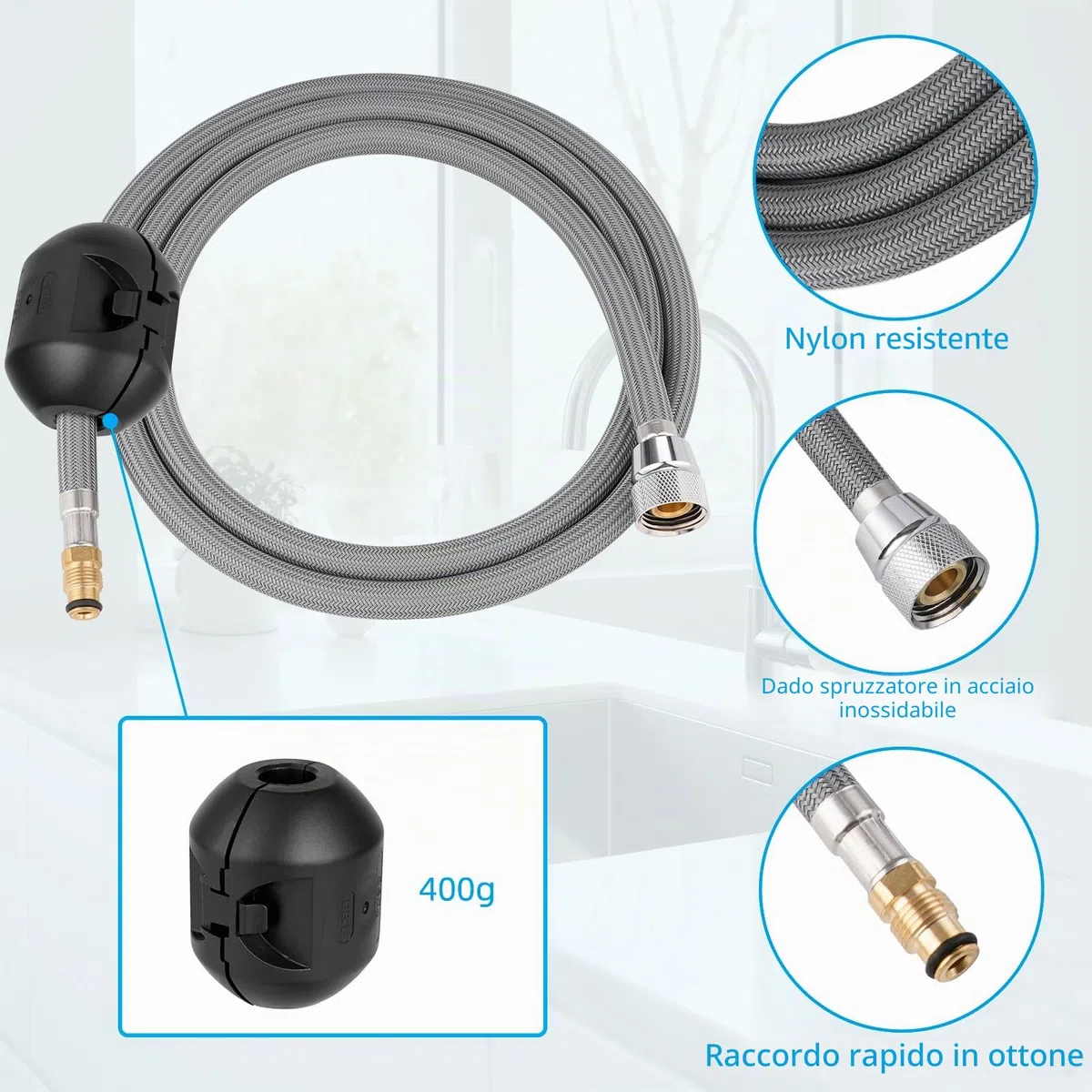 Hibbent Tubo di Ricambio per Rubinetto Estraibile Compatibile con Rubinetti da Cucina Hansgrohe/Grohe con 6 Adattatori, Modello Standard 88624000/46174000/46092000, Tubo di Ricambio da 150 cm, con