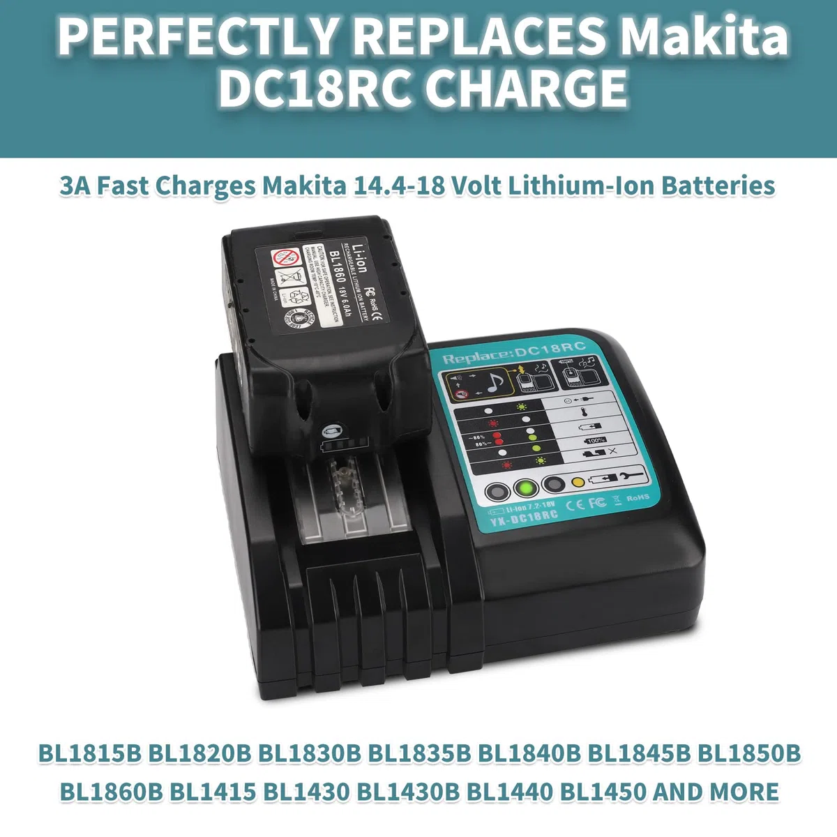 Caricatore da 3 A per batteria Makita 18 V, DC18RC 14,4 – 18 V, per BL1850/BL1860B/BL1830B/BL1840B, batteria Li-ion, ricambio per DC18SF/DC18RD/DC18RA (spina UE)