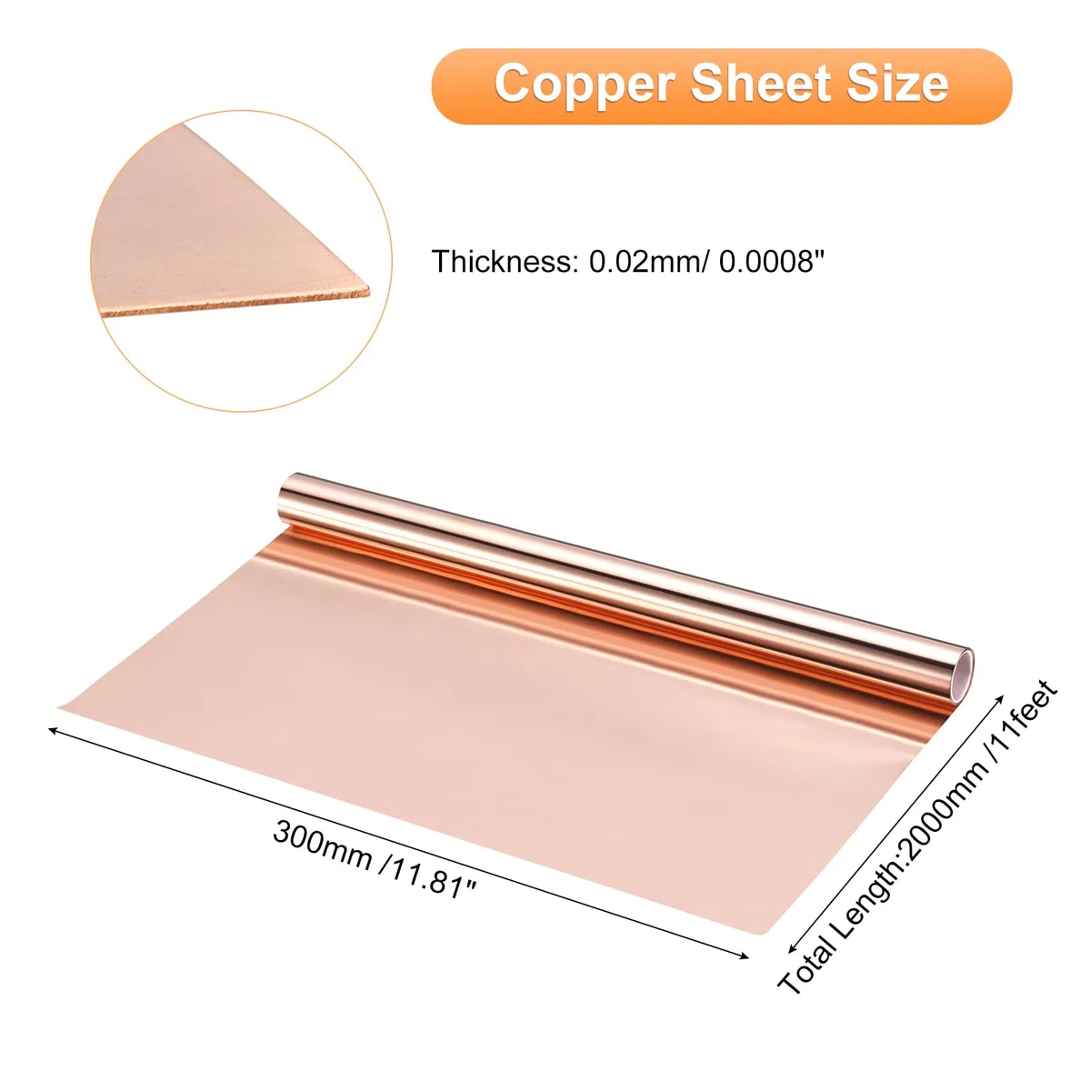 QUARKZMAN Rotolo Lamiera Rame 2000 Mm x 300 Mm x 0,02 Mm, Striscia Rame Puro 99,9% Piastra Lampeggiante Lamina Metallico per Progetti Fai da Te Elettricità (Dimensioni Multiple)