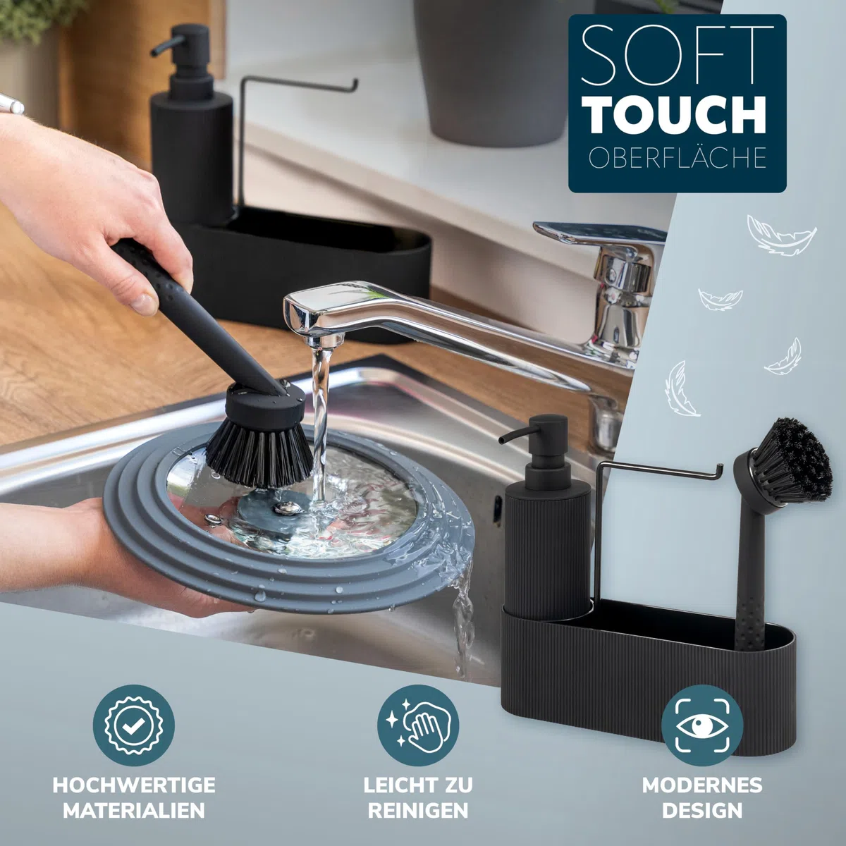 eluno Organizzatore per lavello con superficie soft-touch dal design a coste per cucina e bagno, incl. dispenser di sapone, spazzola per lavare i piatti, con testina di ricambio, nero