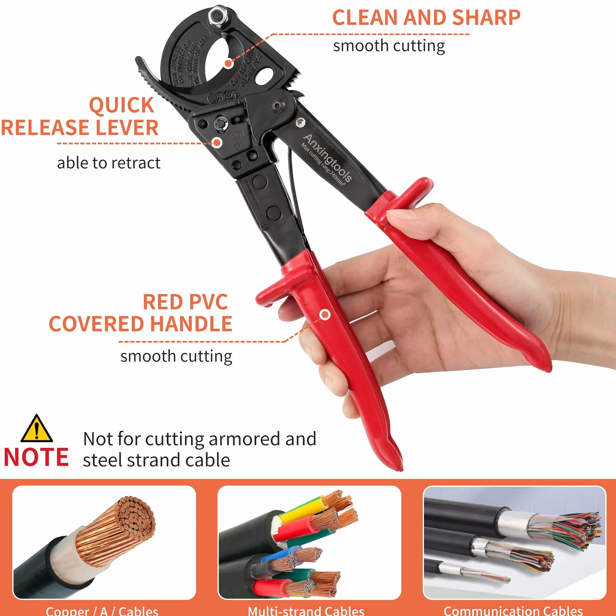 Tagliacavi a cricchetto, Anxingtools HS325 Tagliafili per impieghi gravosi per cavi in rame e alluminio fino a 240 mm², tagliacavi a cricchetto (HS325)