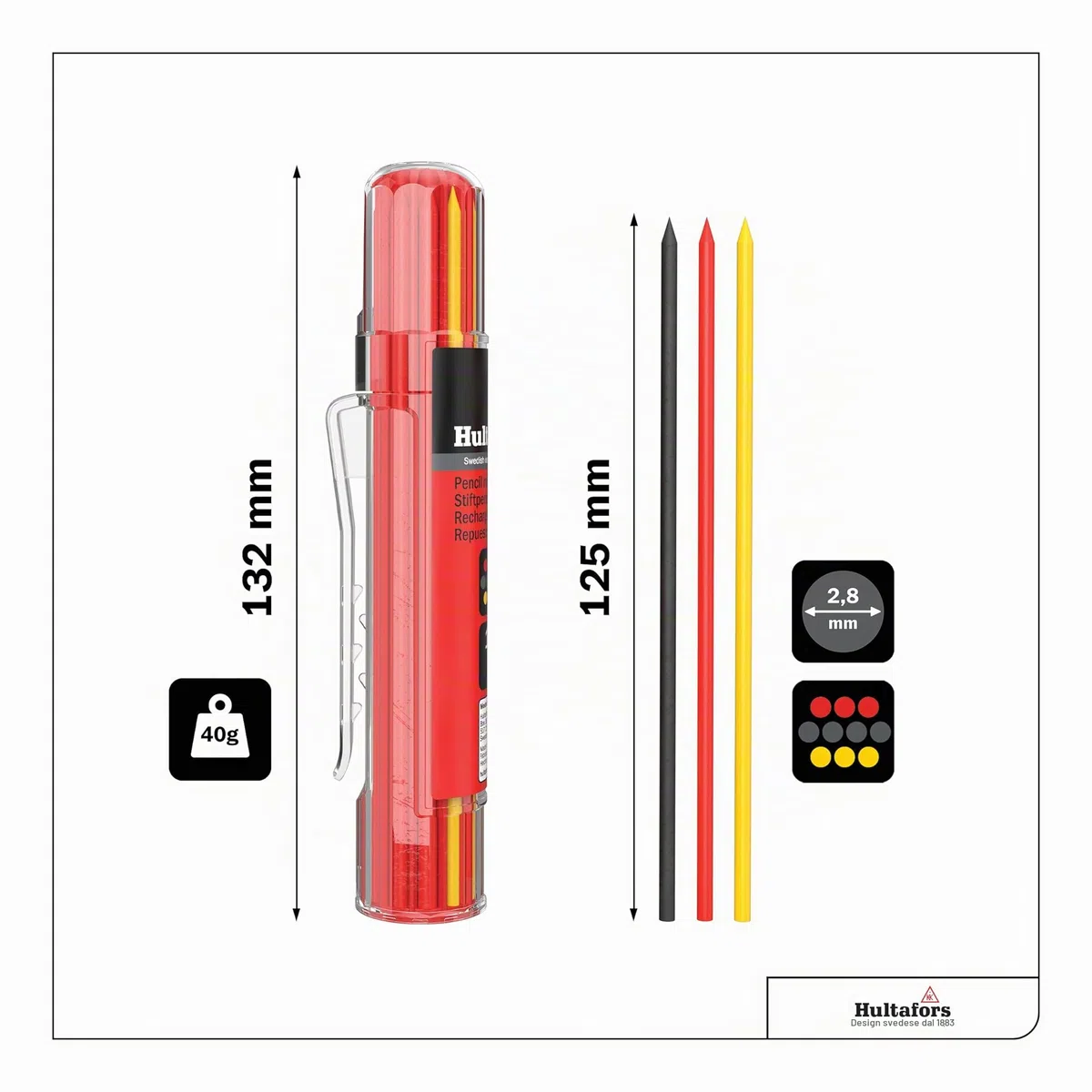 Hultafors Set marcatore di profondità professionale incl. 10 mine di ricambio (rosso, giallo e grafite) e temperino Matita marcatore con fermaglio antiscivolo I Per molti superfici I 650230