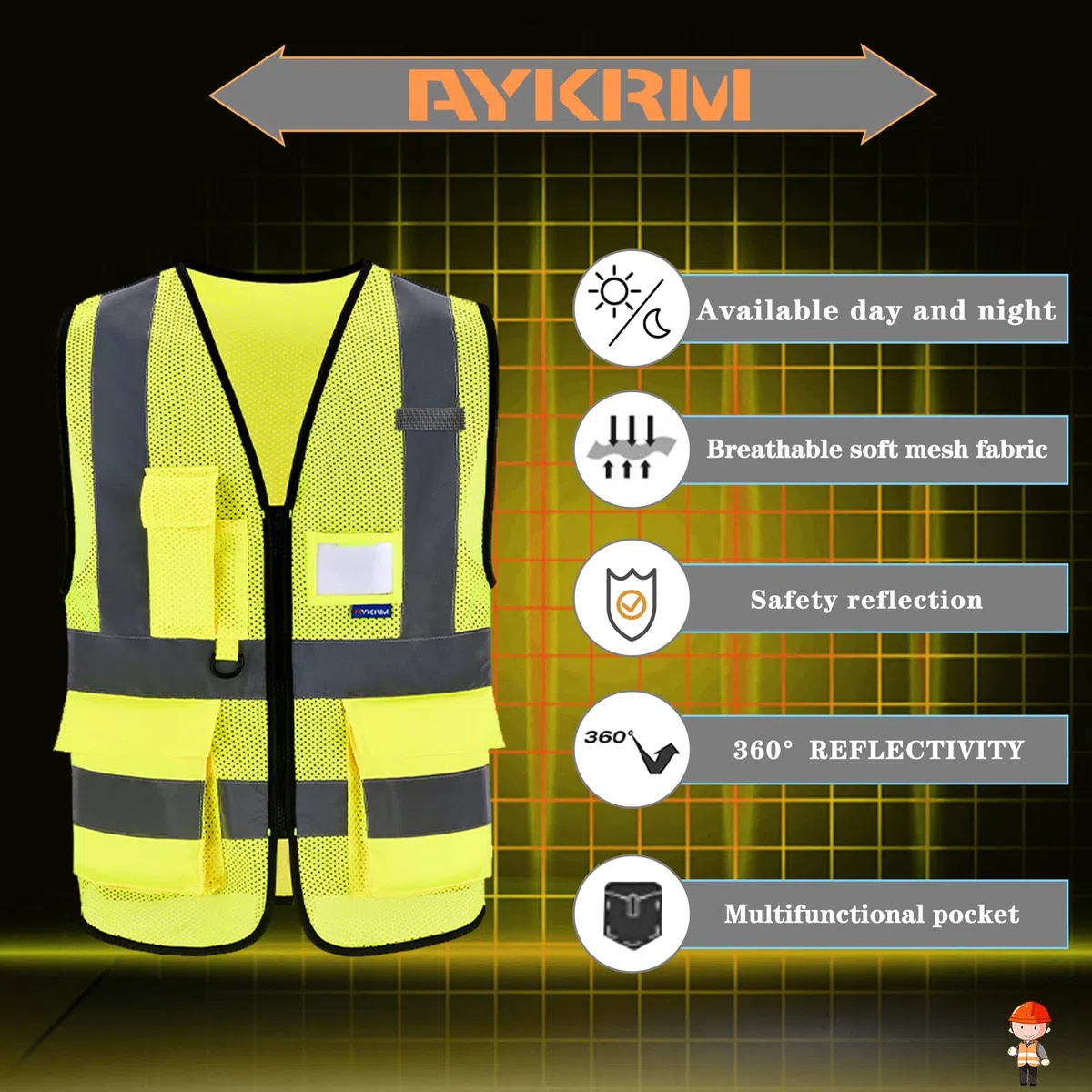 AYKRM Gilet ad alta visibilità con cerniera frontale ad alta visibilità gilet ad alta visibilità gilet con tasche per telefono e documenti