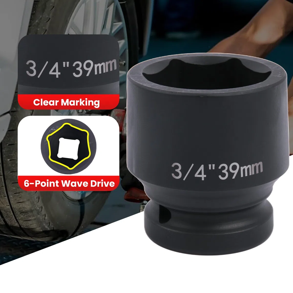 Chiave a bussola esagonale, 39 mm, avvitatore a percussione da 3/4", in acciaio al cromo molibdeno, per cambio ruota e officina