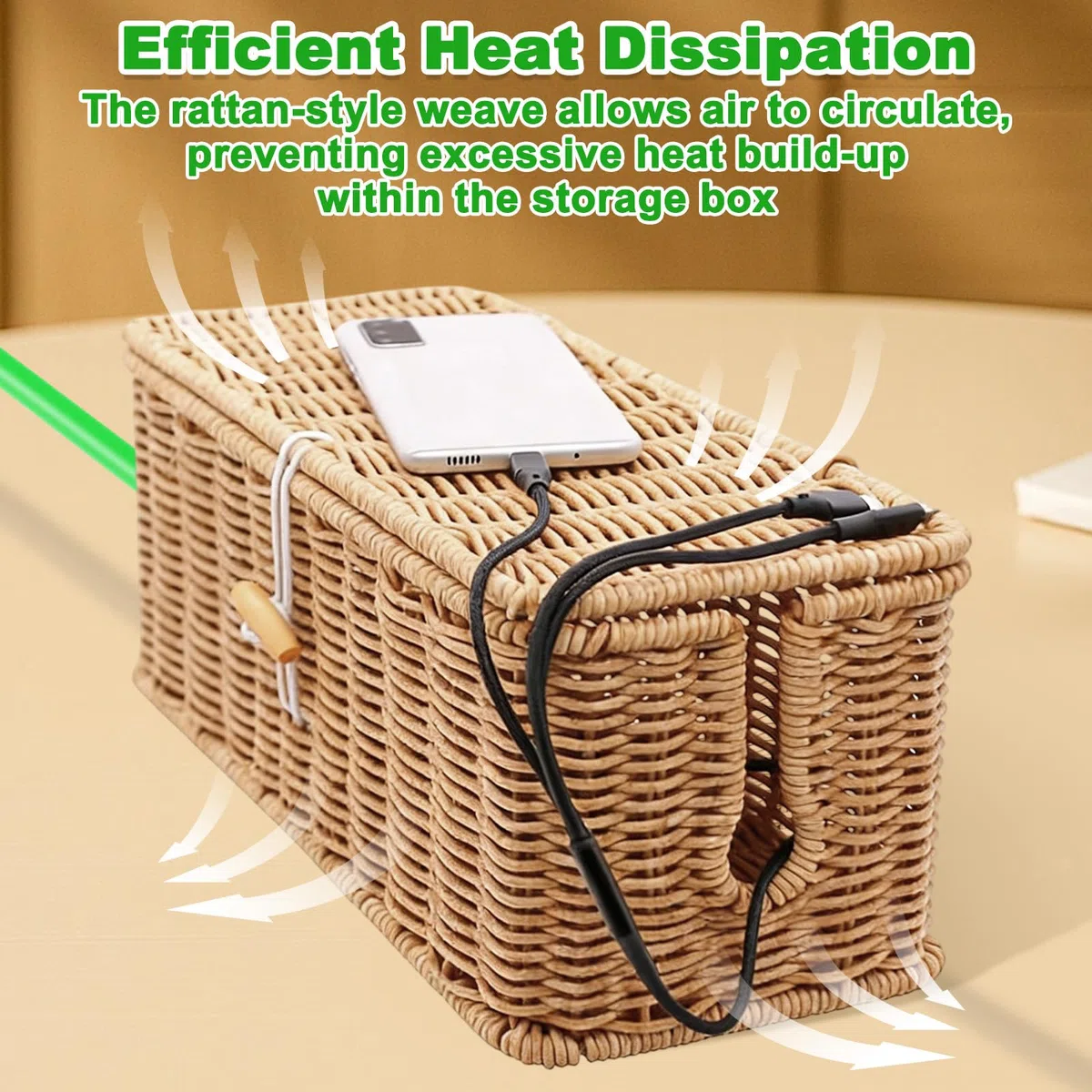 Scatola Portacavi Rattan con Coperchio, Scatola Gestione Contenitore Multipresa Rattan Sintetico, Organizzazione Grovelli Organizer Prolunghe Elettrici Prevenzione Grovigli per Casa Ufficio Scrivania