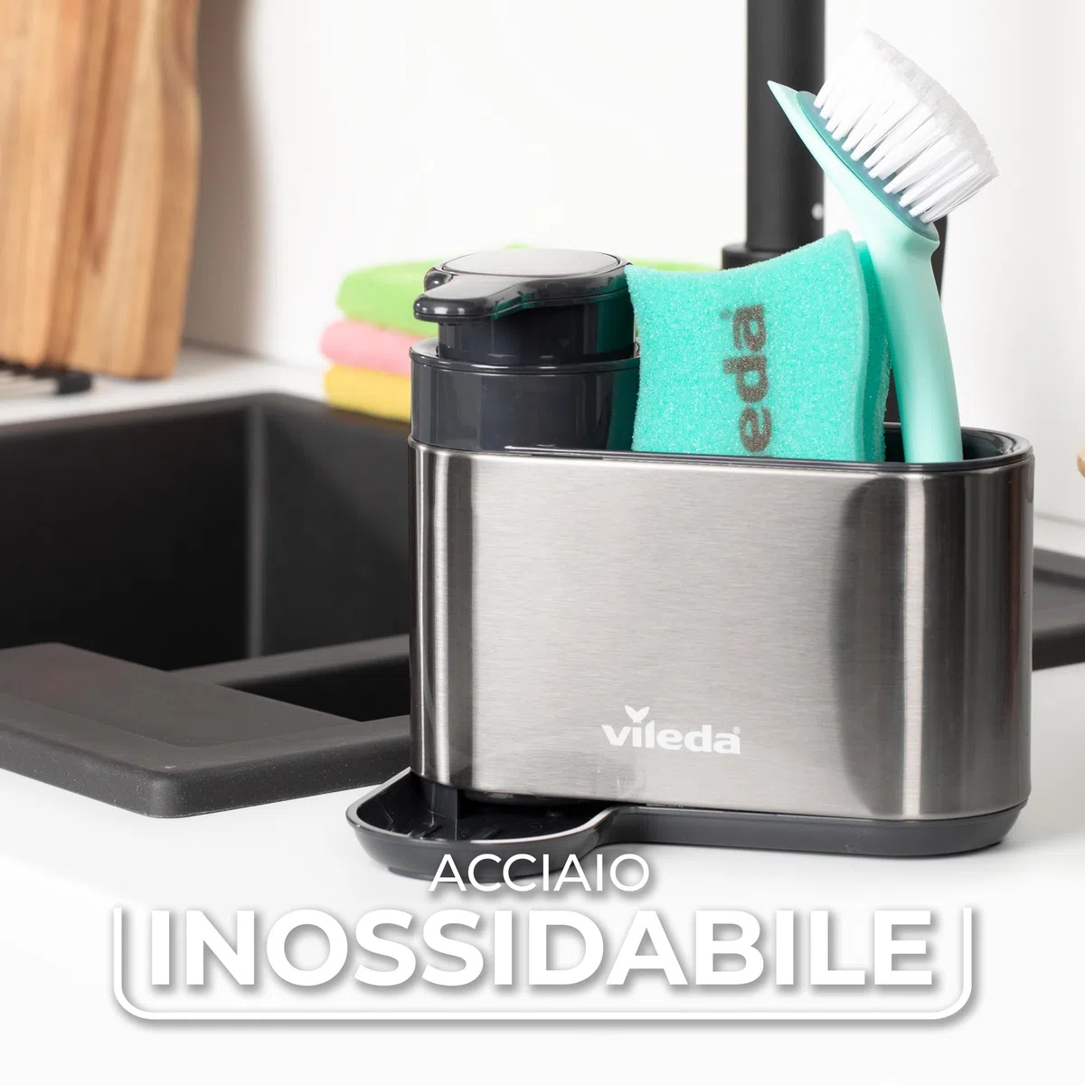 Vileda Sink Organizer con Dispenser di Sapone in Acciaio Inox - Porta Spugne da Cucina indipendente - Organizer Lavastoviglie con Dispenser di Sapone per Spugne e Spazzole - Durevole e Antiruggine