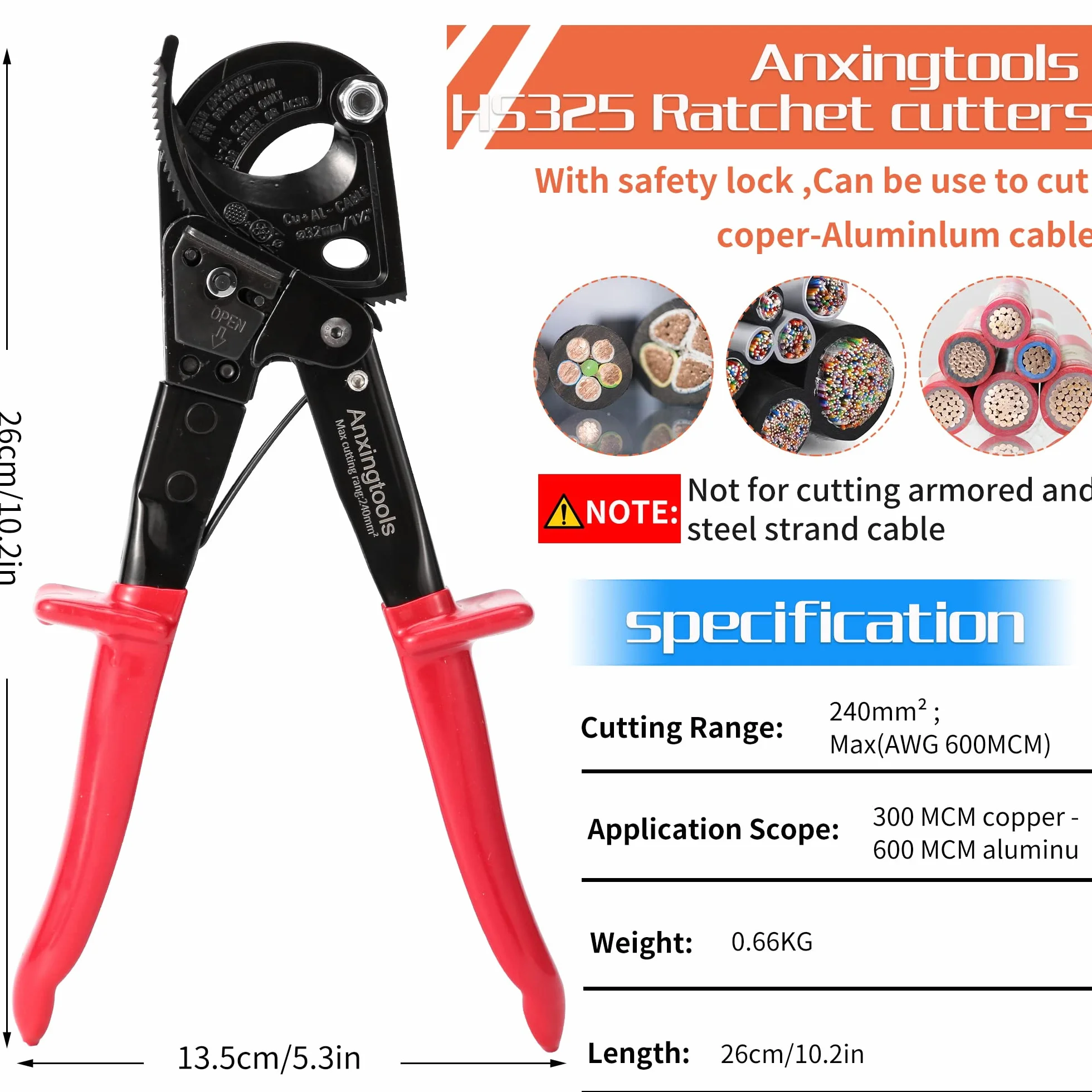 Tagliacavi a cricchetto, Anxingtools HS325 Tagliafili per impieghi gravosi per cavi in rame e alluminio fino a 240 mm², tagliacavi a cricchetto (HS325)