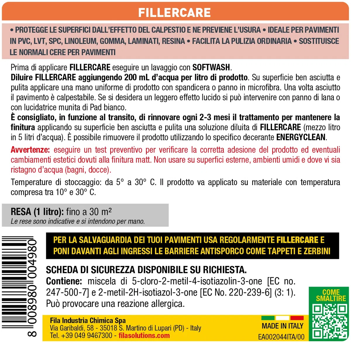 Fila Surface Care Solutions, FILLERCARE, Eco Trattamento Protettivo per Pavimento Laminato, Pavimenti in PVC e Materiali Plastici, Rinnova Il Materiale, ne Allunga la Vita e Attenua i Graffi, 1L