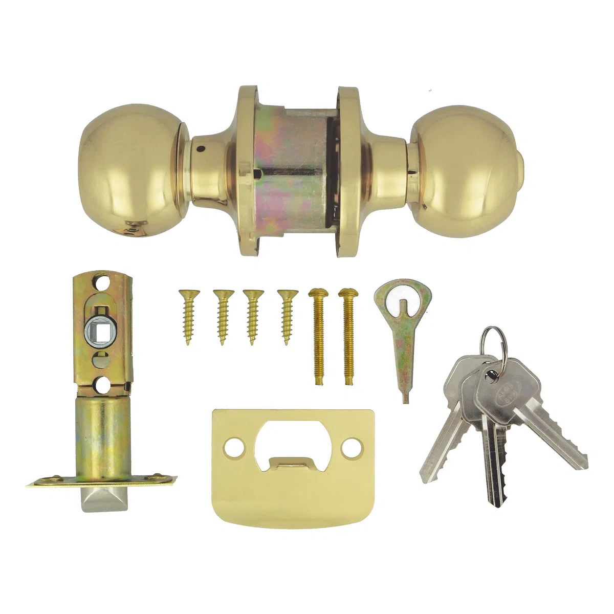 Amig - Set di Pomelli a Sfera con Serratura | Ingresso Sicuro con Chiave e Serratura Interna | Ottone Lucidato per Porte in Legno | Design Elegante e Robusto, Ottone Lucido, Standard