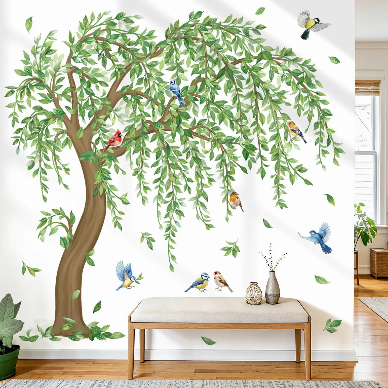 decalmile Adesivi Murali Albero Verde Grande Adesivi da Parete Foglie Verdi Piante Uccelli sul Ramo Decorazione Murale Camera da Letto Soggiorno Ufficio Divano