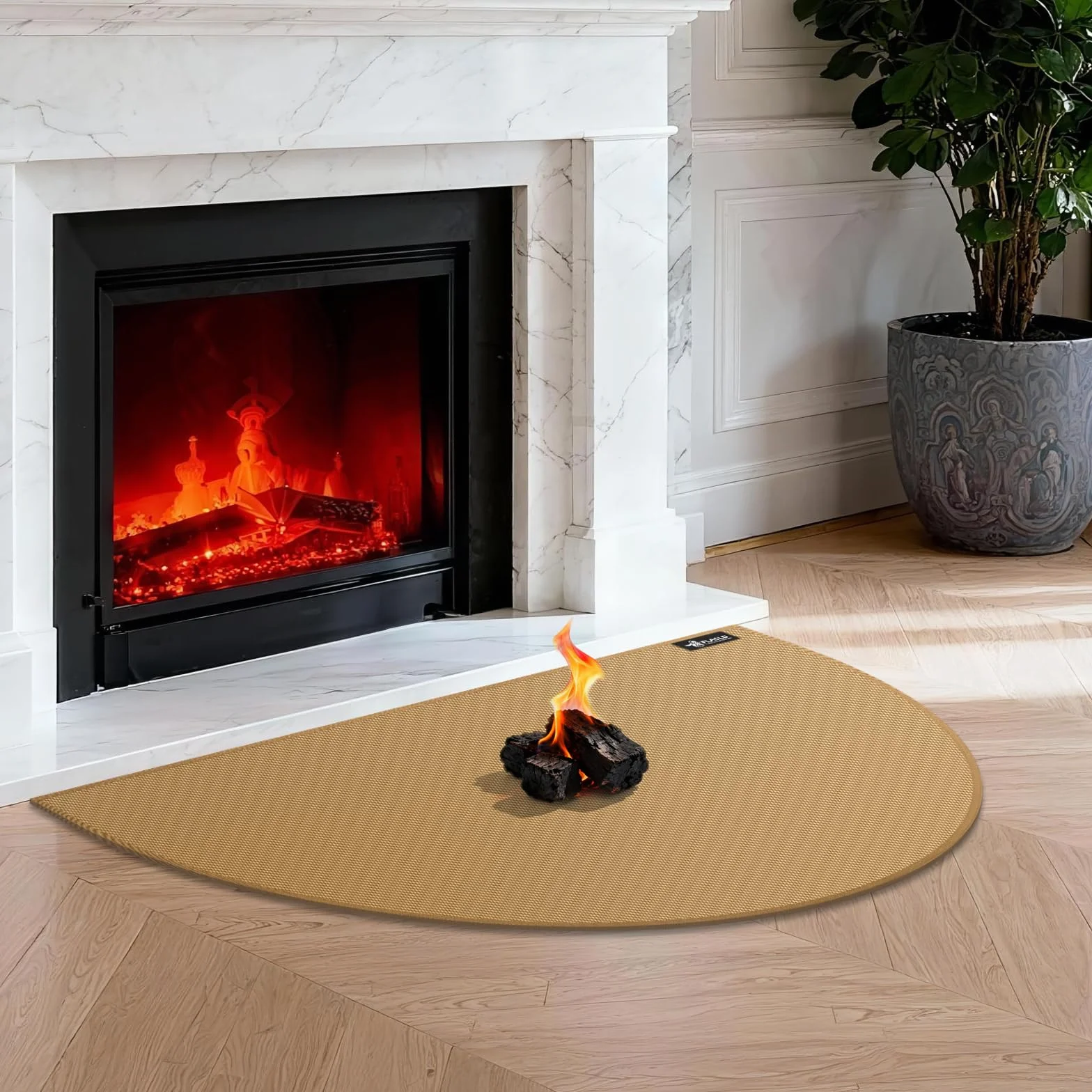 FLASLD Tappeto a prova di fuoco per camino, 71 x 122 cm, semicircolare protegge i pavimenti da scintille e braci, marrone