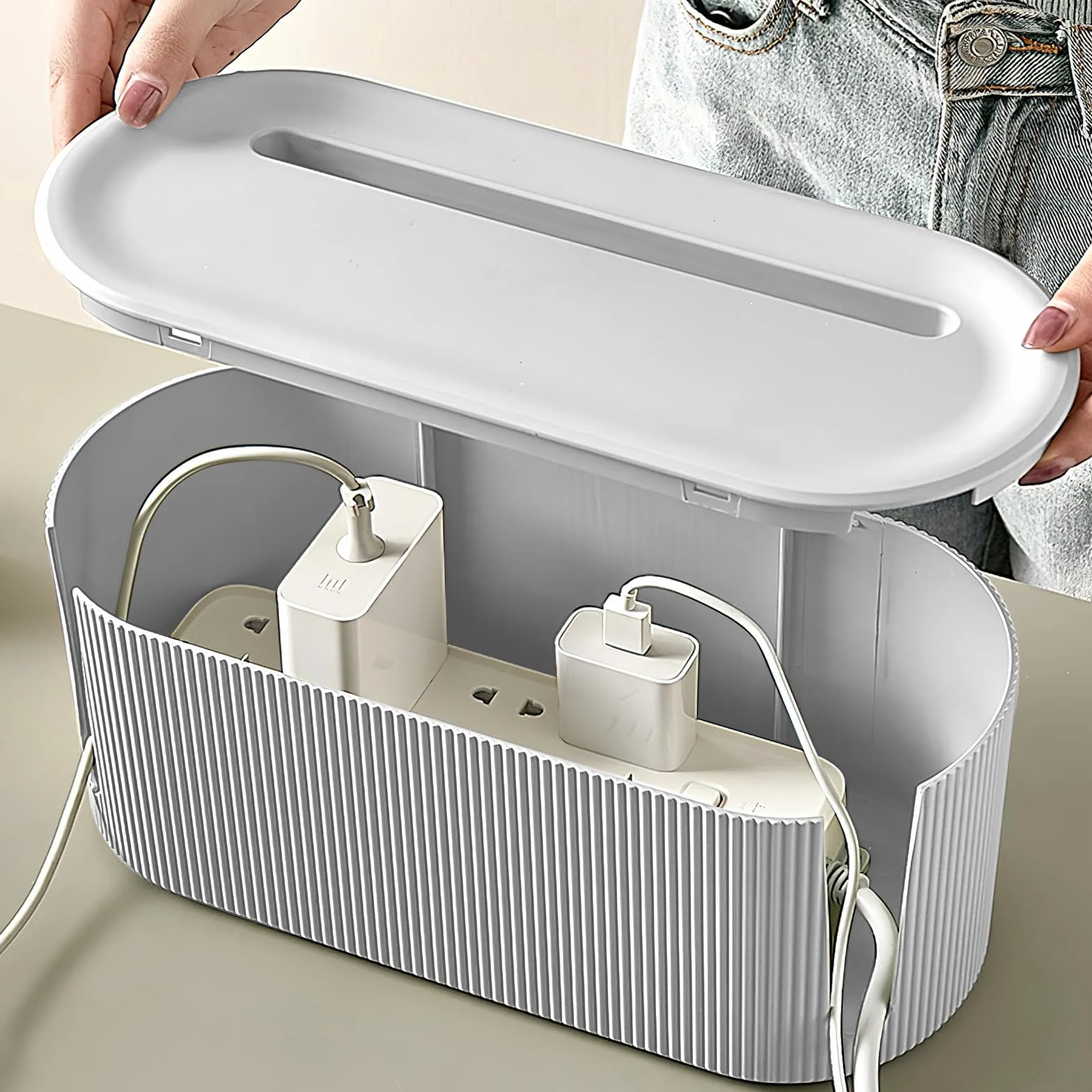 DAWRIS Scatola organizer per cavi con coperchio, bianco, 31 x 13,5 x 12,5 cm, in plastica ABS, gestione cavi per ciabatte, protezione contro le sovratensioni, grande capacità, coperchio di chiusura