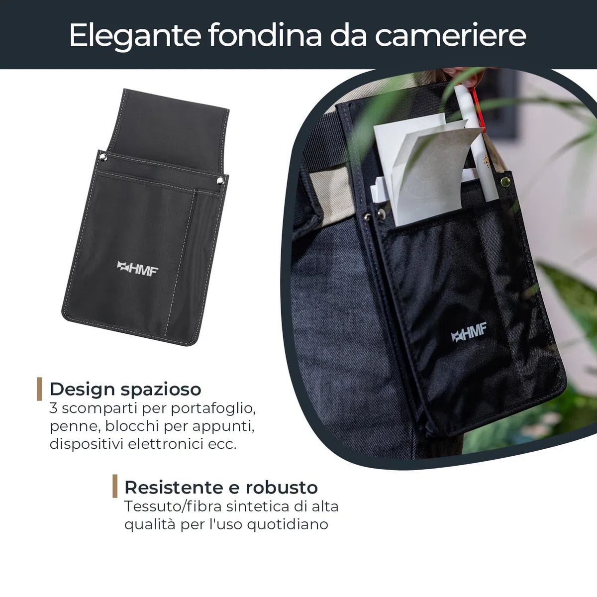 HMF Borsa da Cameriere professionale, Holster da cintura porta Portafoglio | 14 x 26 x 5,5 cm | Nero