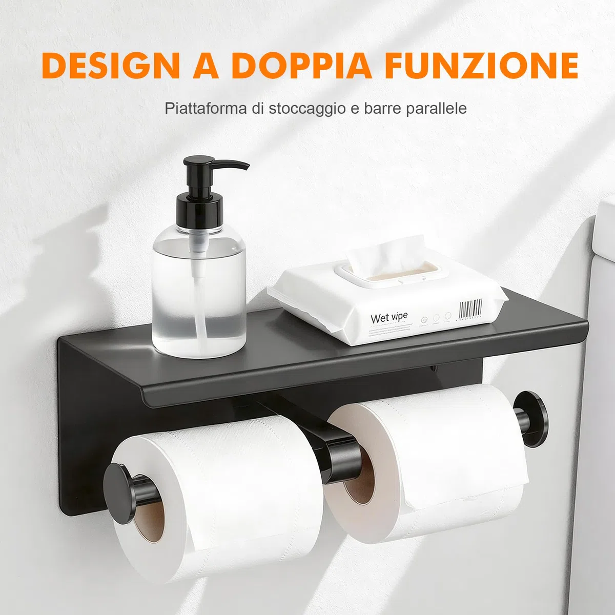 Ibergrif Portarotolo Carta Igienica Doppio con Mensola, Porta Carta Igienica da Parete in Acciaio Inox, Installazione Adesiva o con Foratura, Portarotolo WC per Bagno o Cucina, Nero