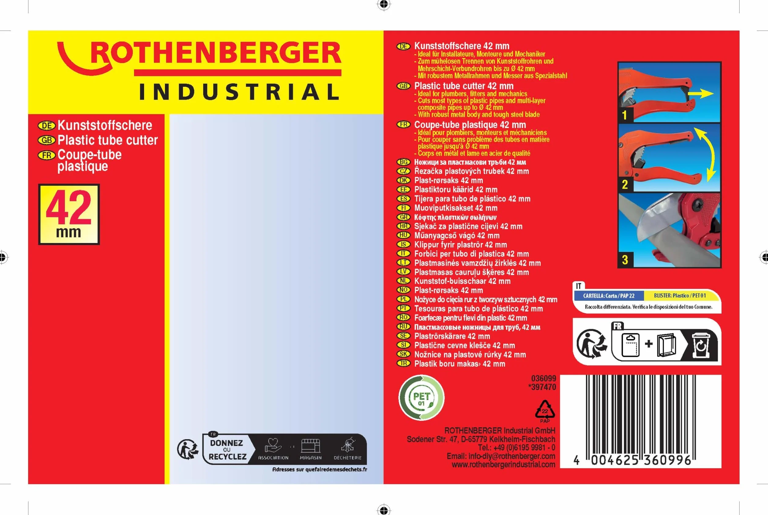 ROTHENBERGER Industrial Kunststoff Rohr Abschneider zum Trennen von Plastik Rohren & Mehrschicht Verbundrohren bis Ø 36 mm 36010