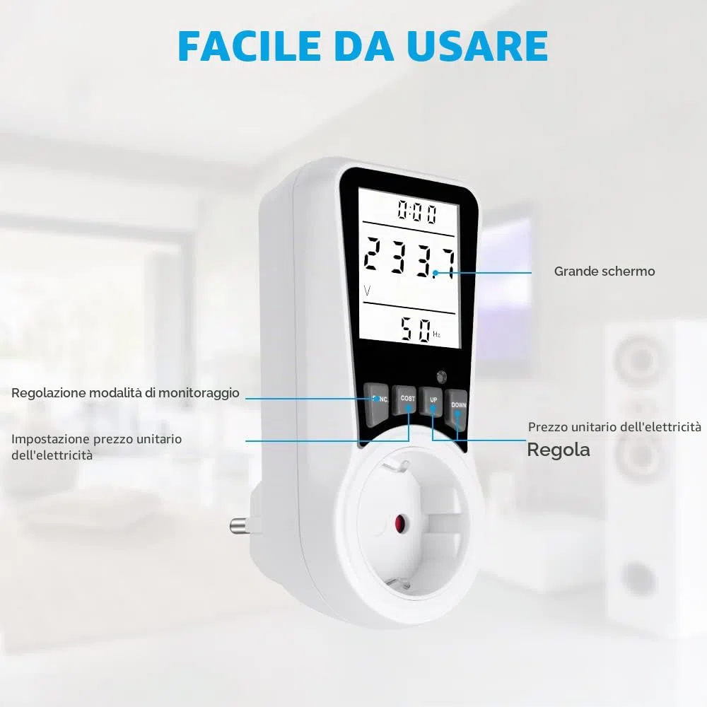 Flintronic Misuratore Consumo Elettrico, Misuratore di Potenza con 16A/3680W Protezione da Sovraccarico, 7 Modalità di Monitoraggio, con display LCD retroilluminato, Wattmetro Misura Consumo